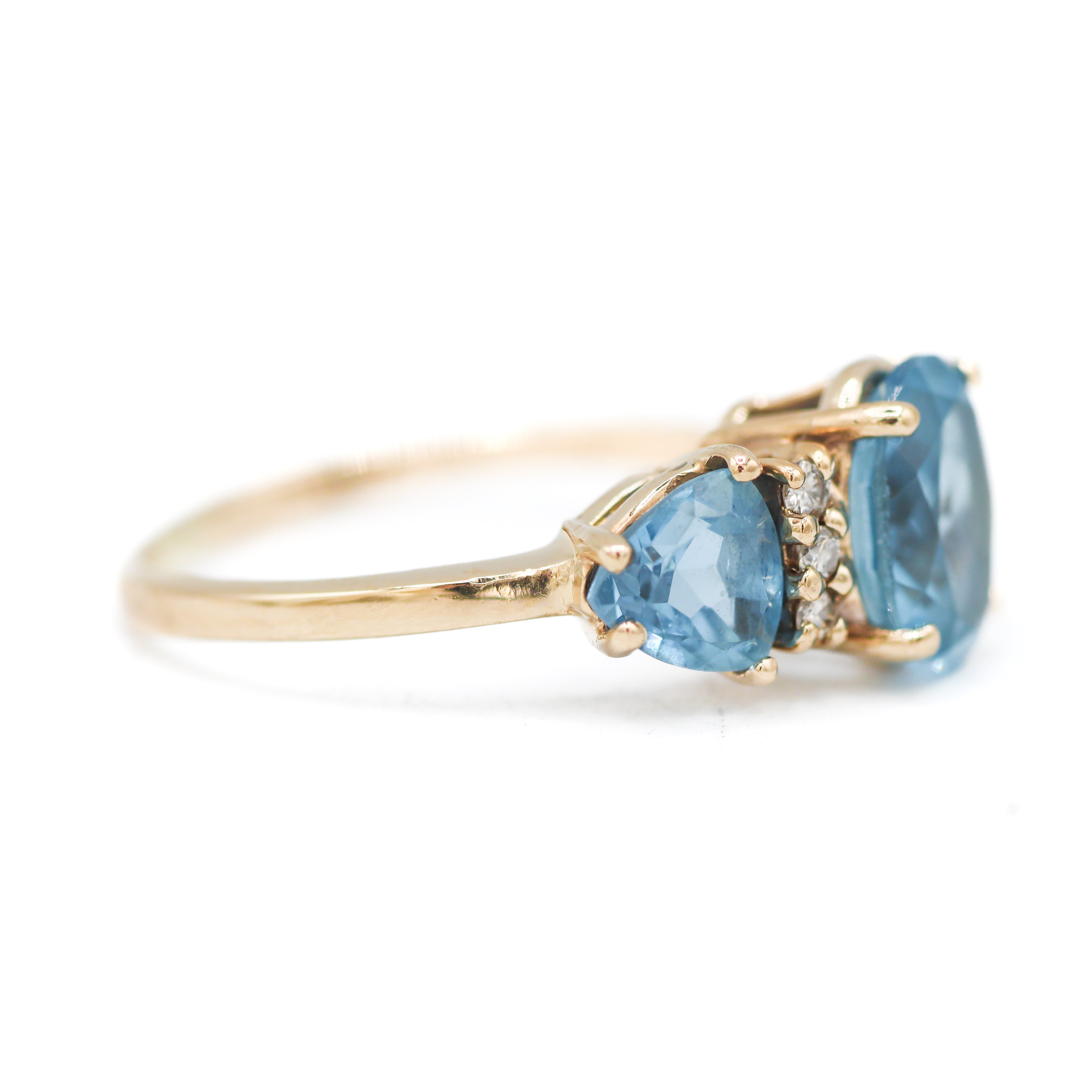Side View 14K Yellow Gold 3-Stone Blue Topaz & Diamond Accented Fashion Ring