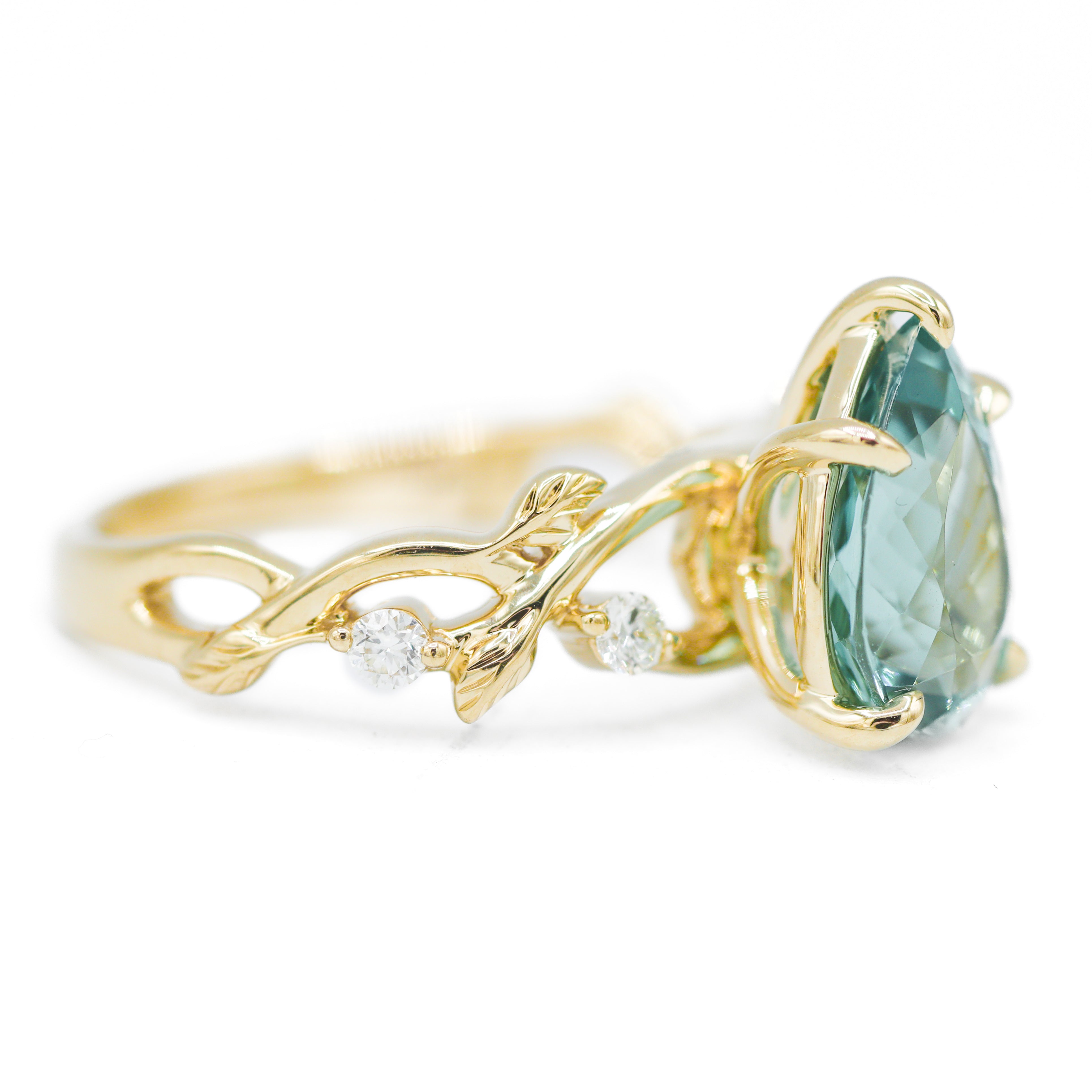 Left side view of 14K Yellow Gold 2.65CT. Pear-Cut Green Tourmaline & Diamond Vine Nature-Inspired Ring