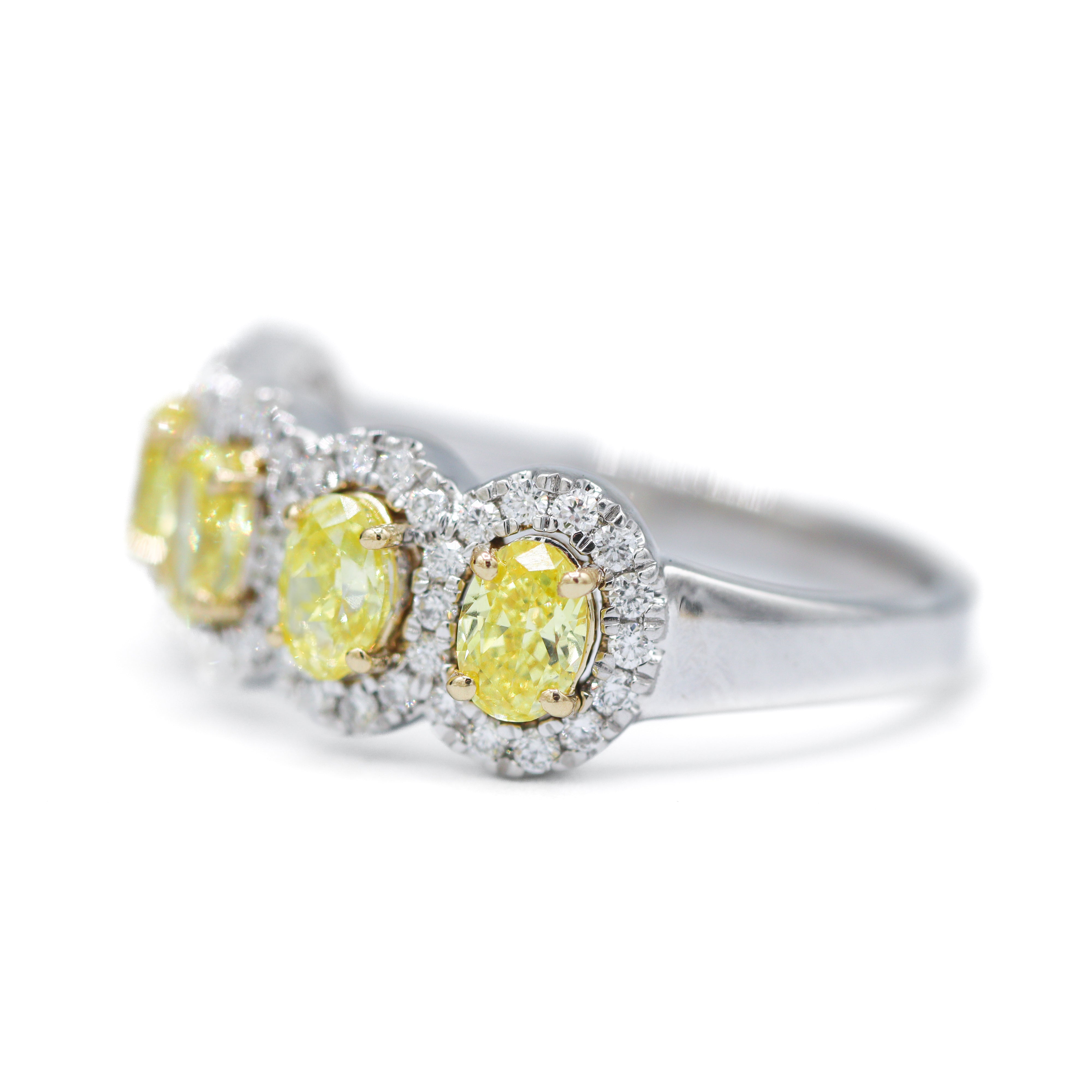 14K White Gold 1.62CTW. Oval Lab-Grown Yellow Diamond & Lab-Grown White Diamond Halo 5-Across Band