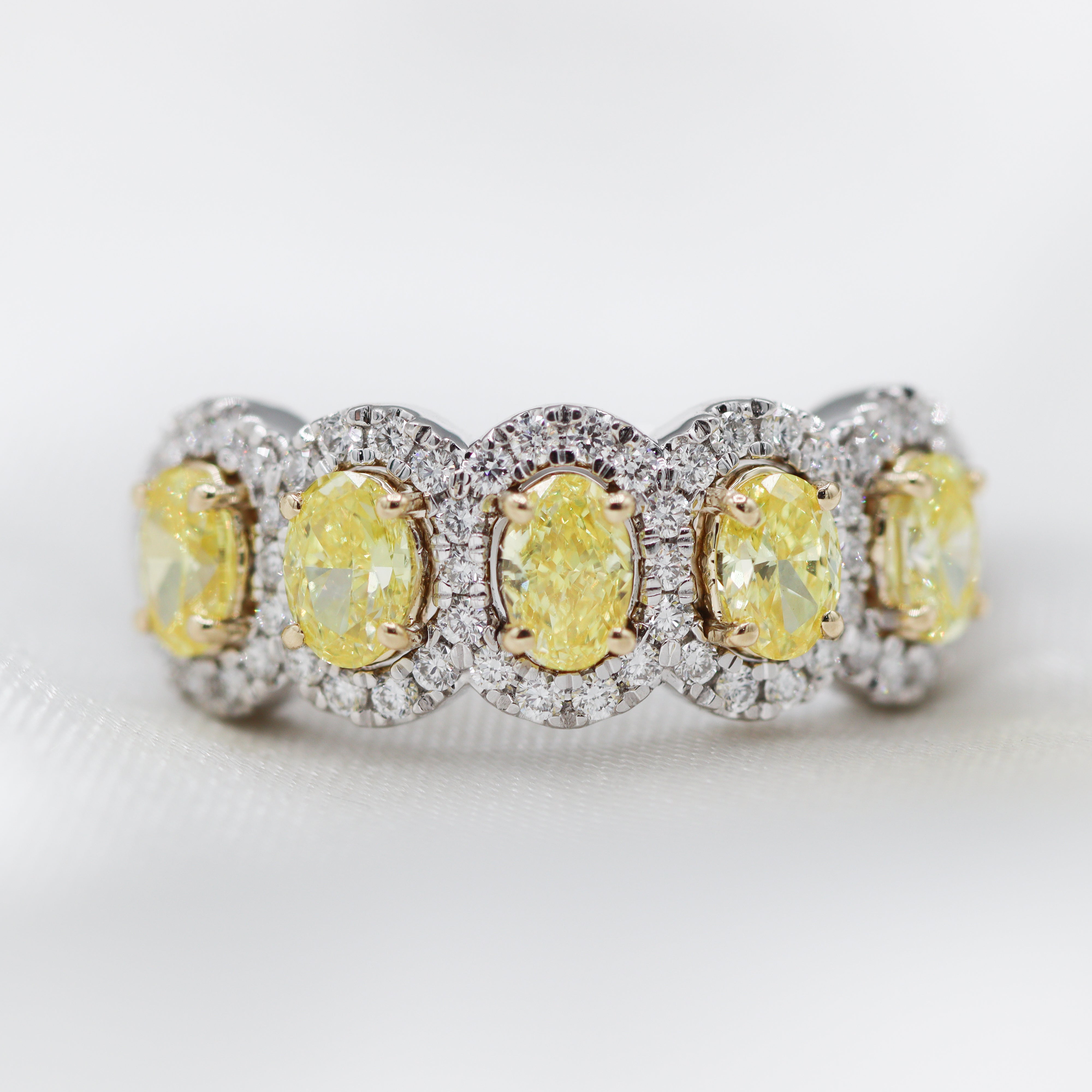 14K White Gold 1.62CTW. Oval Yellow Lab-Grown Diamond & White Lab-Grown Diamond Halo 5-Across Band on Satin