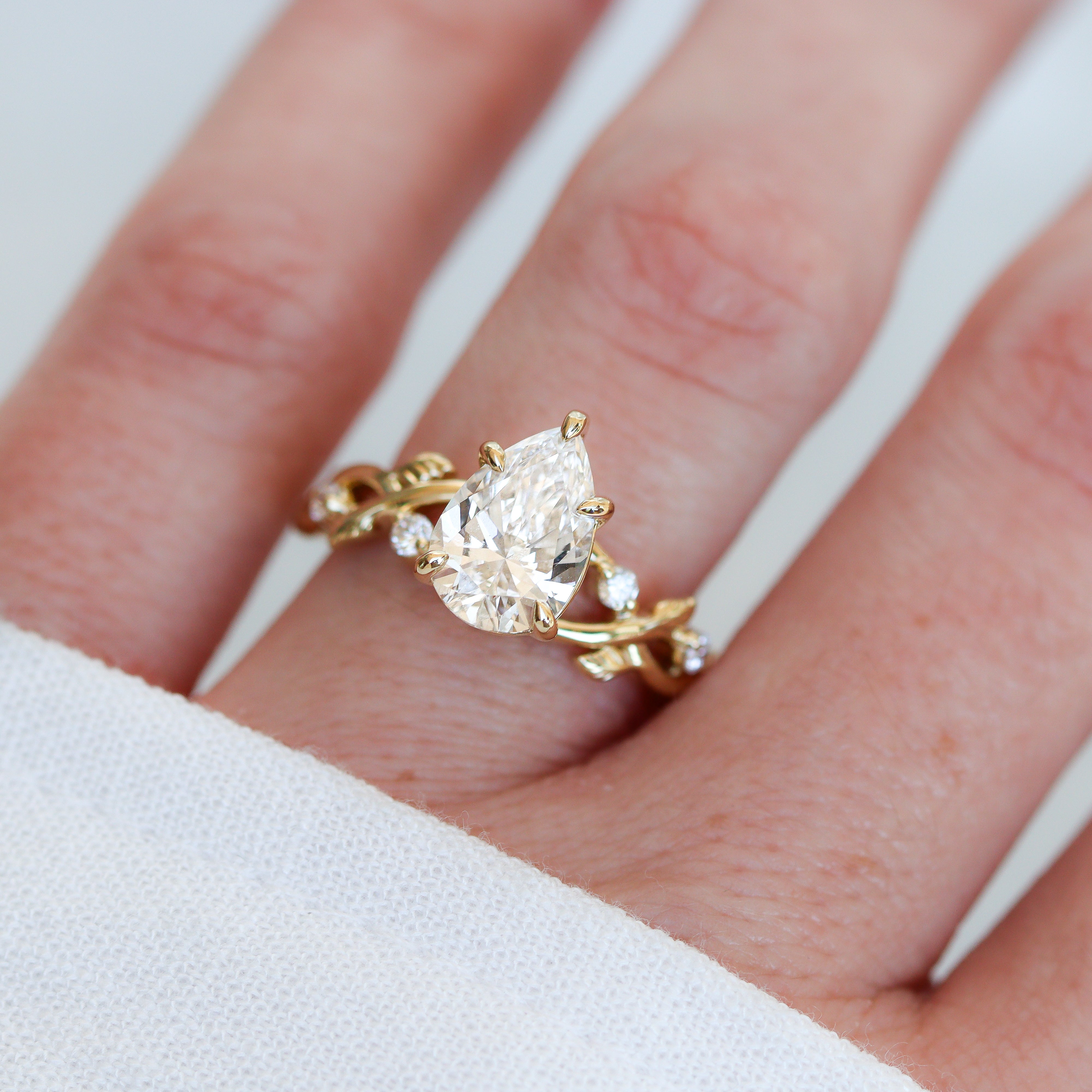 The "Willow" — 14K Yellow Gold Certified 2.19CTW. Lab-Grown Diamond Pear-Cut Nature-Inspired Vine Engagement Ring