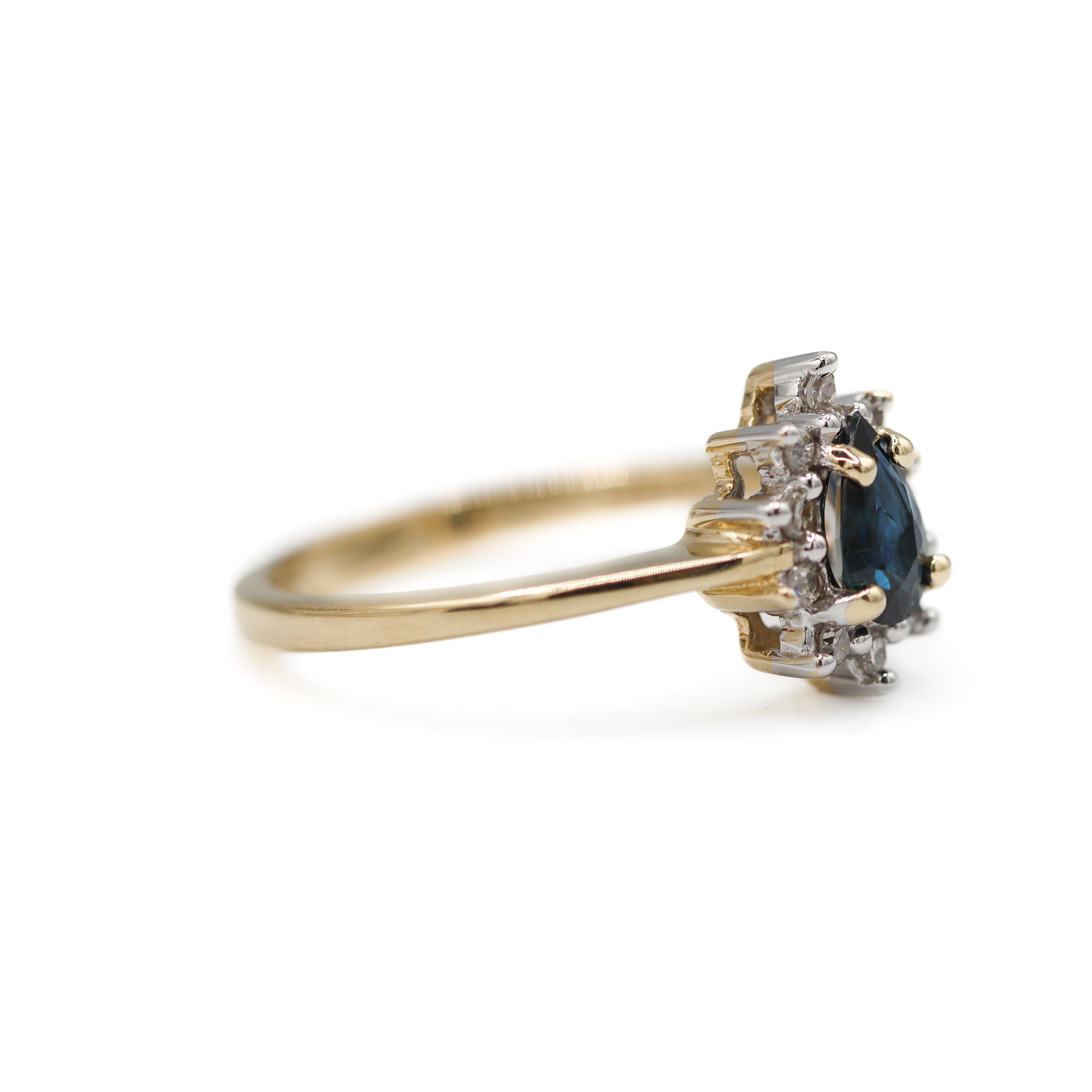 Side View Estate Collection: 10K Yellow Gold Pear-Shape Sapphire & Diamond Accented Halo Ring