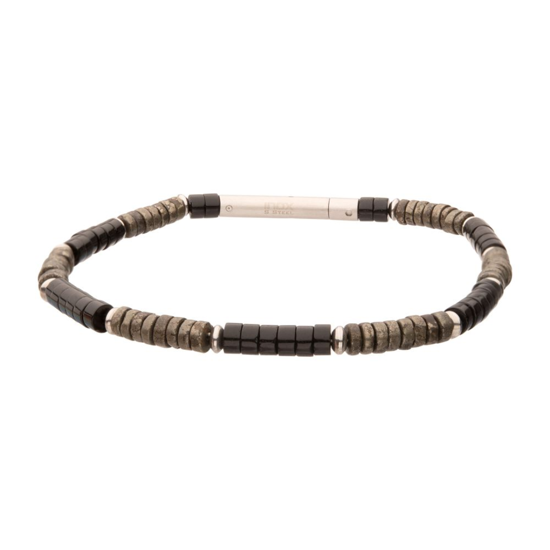 INOX Shadow Wolf Onyx & Pyrite Heishi Beaded Bracelet