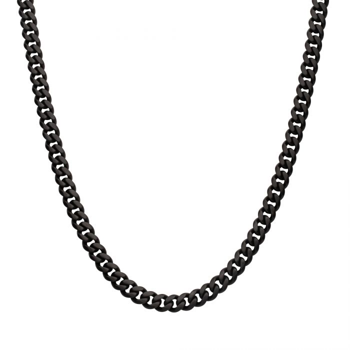 8mm Black IP Steel Matte Finish Miami Cuban Chain Necklace with Genuine Black Sapphire Gem-22 INCHES