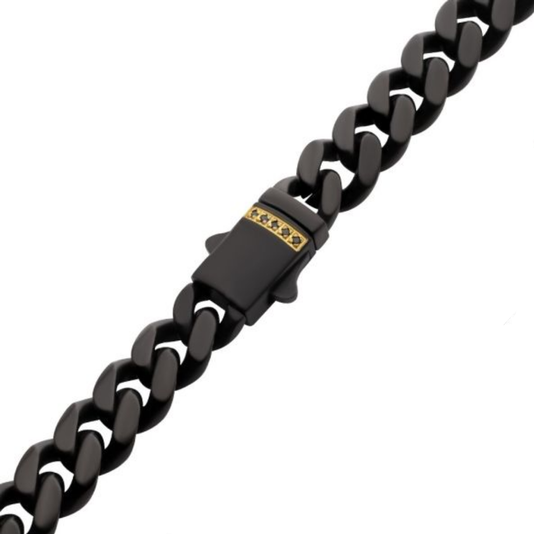 8mm Black IP Steel Matte Finish Miami Cuban Chain Necklace with Genuine Black Sapphire Gem-22 INCHES