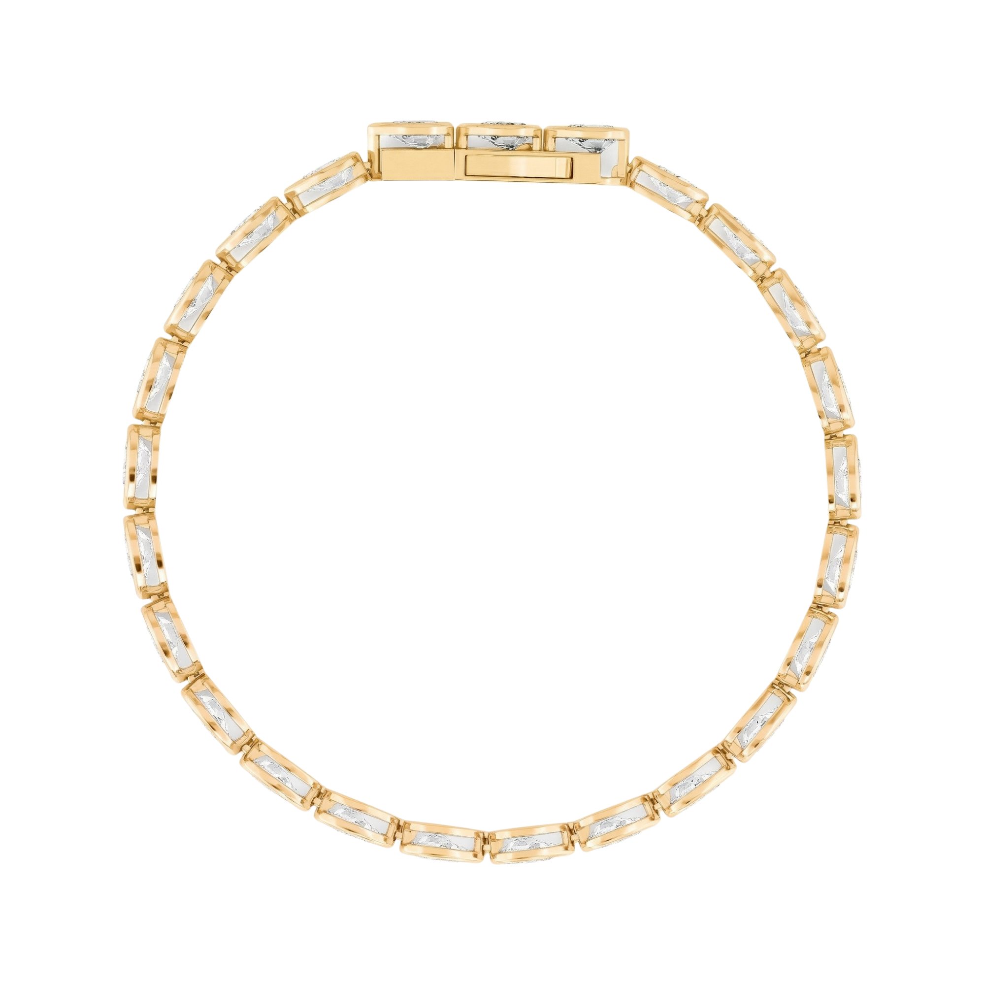 Gold bracelet with clear stones on a white background