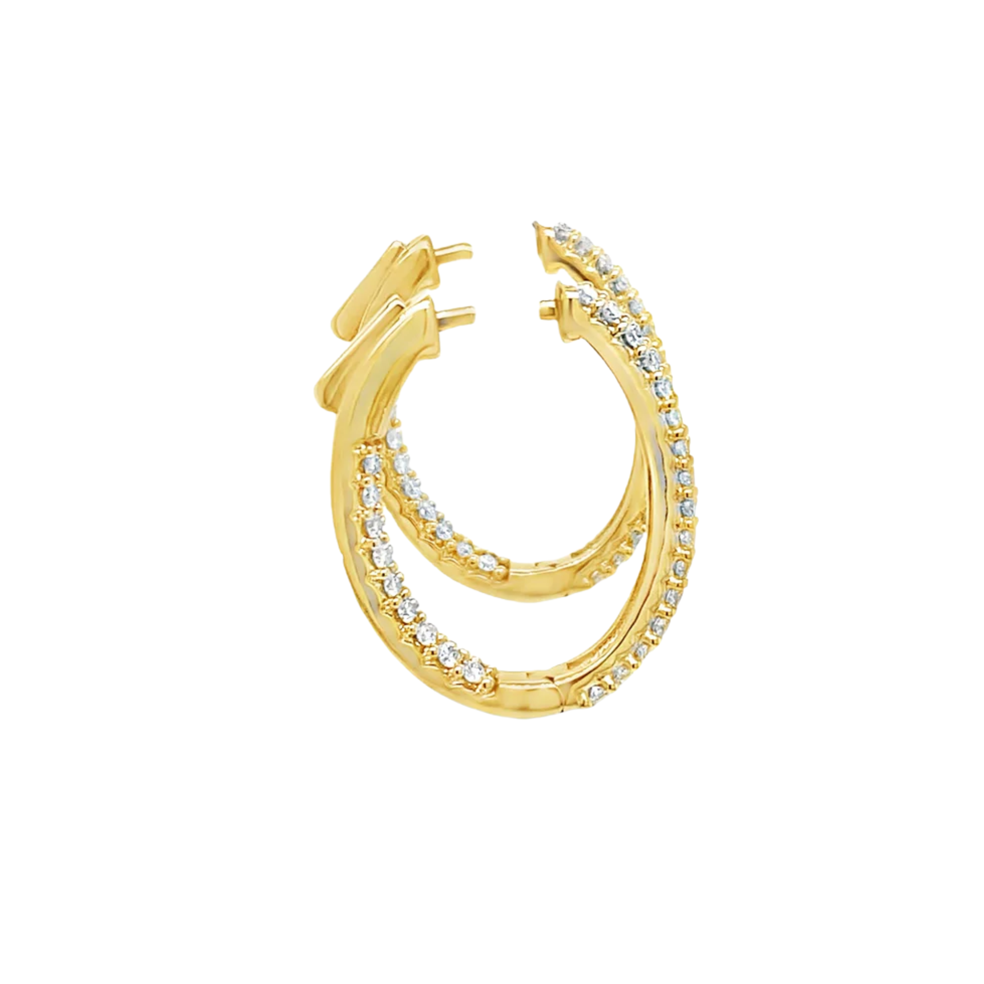 Gold hoop earrings with embedded crystals on a white background