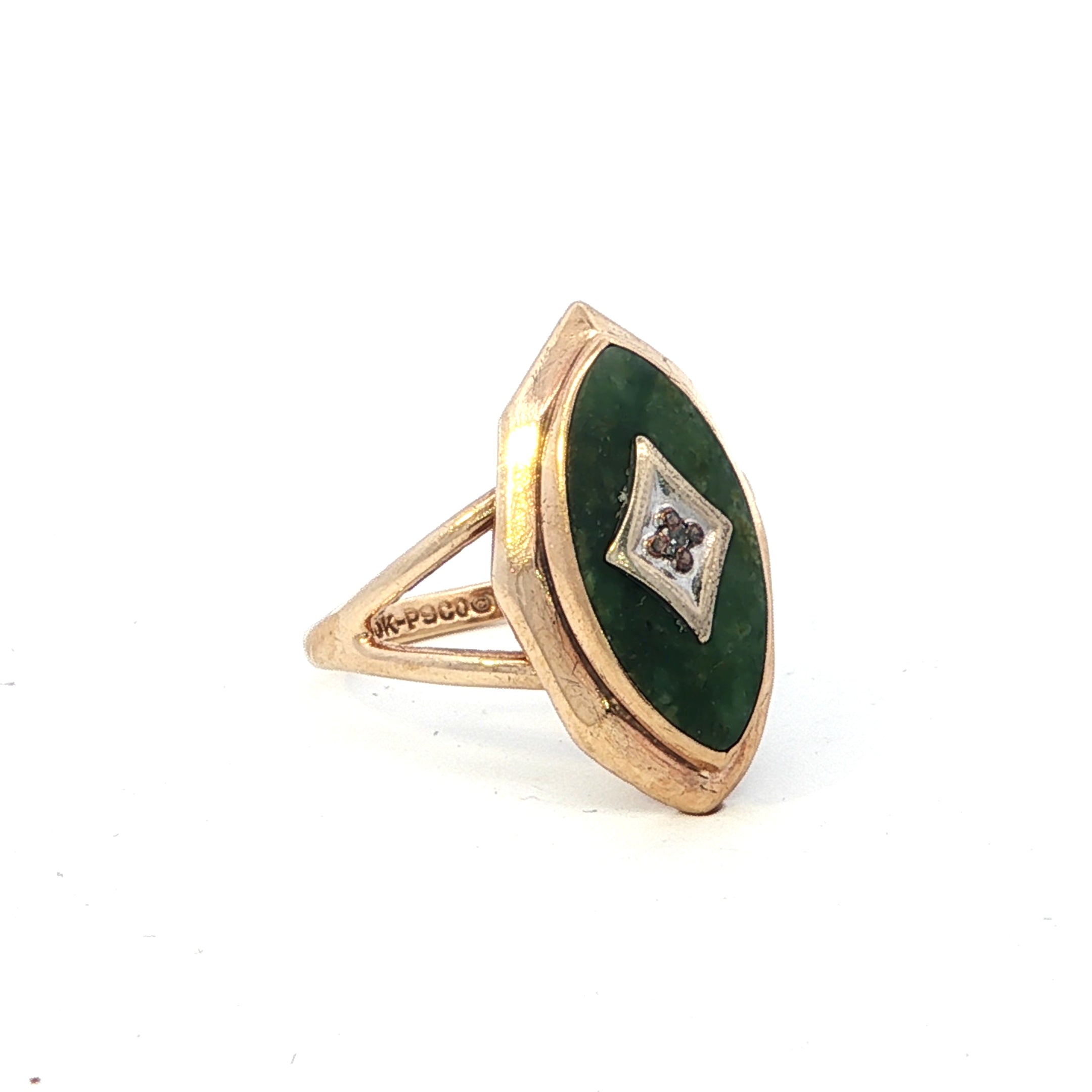 Estate Collection: 10K Yellow Gold Marquise Jade Antique-Style Diamond Accented Fashion Ring