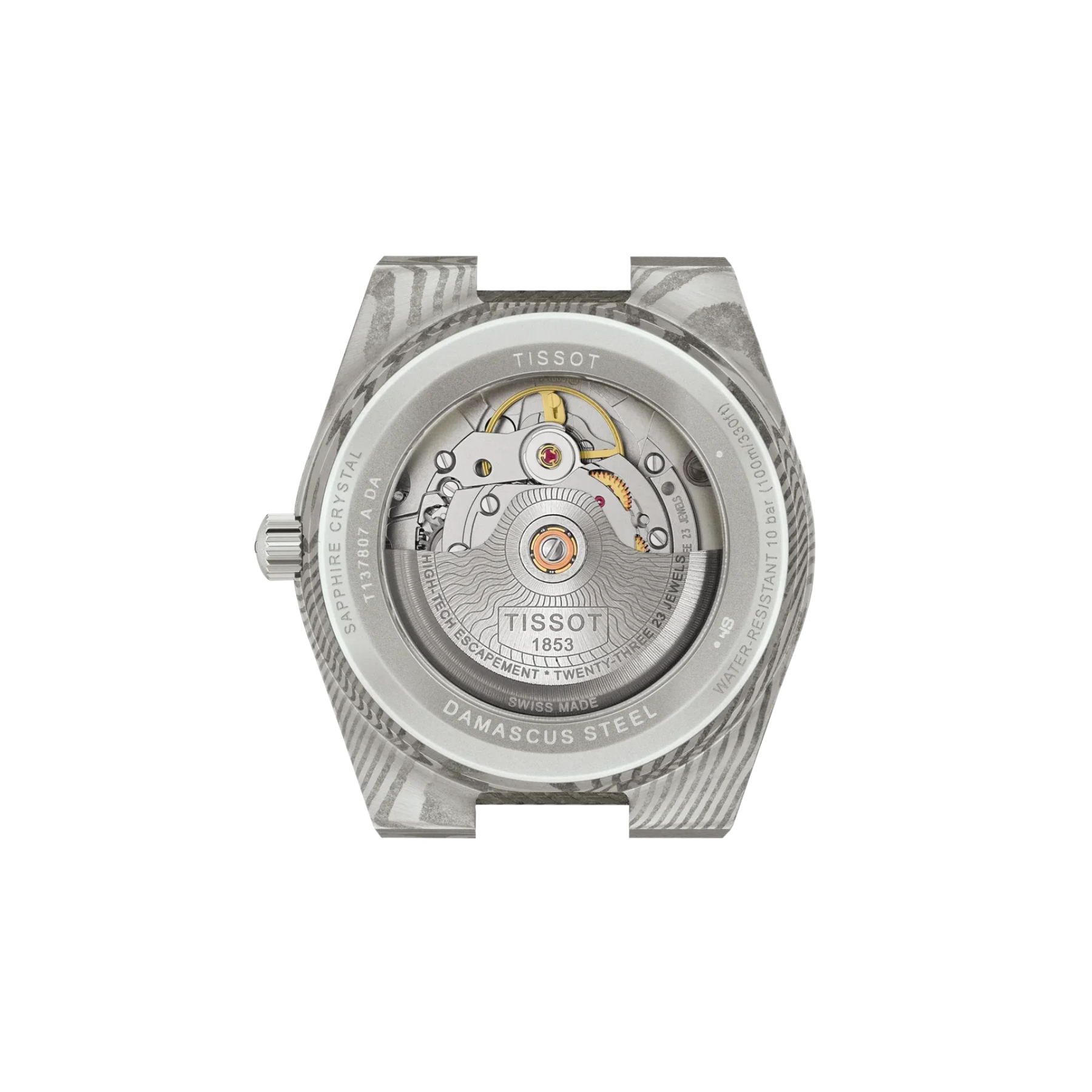 Tissot Damascus Steel watch back showing the intricate automatic mechanical movement through a clear case back, on a white background.