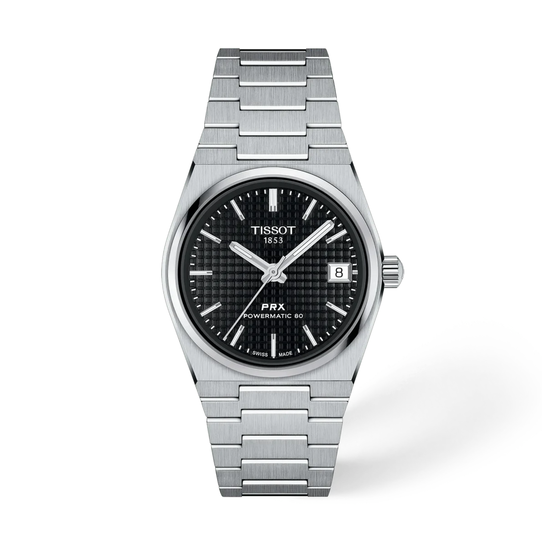 A Tissot PRX Powermatic 80 watch with a silver stainless steel bracelet and case, featuring a textured black dial with silver-tone hands and indices.