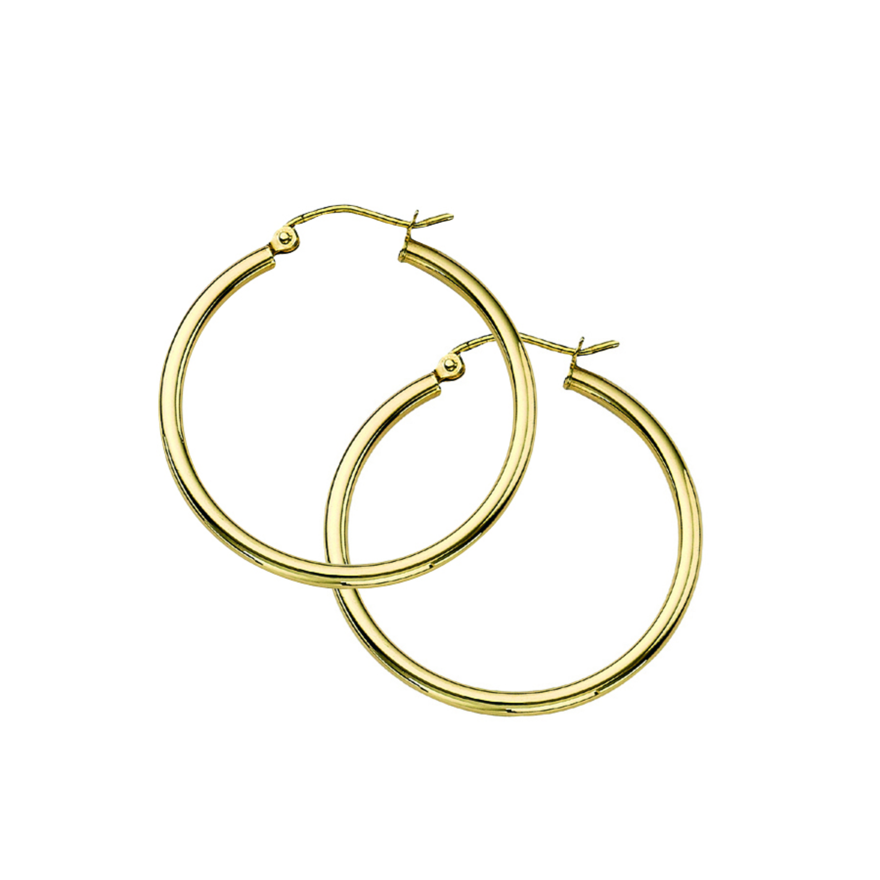 A pair of polished yellow gold hoop earrings with post closures, shown on a plain white background.