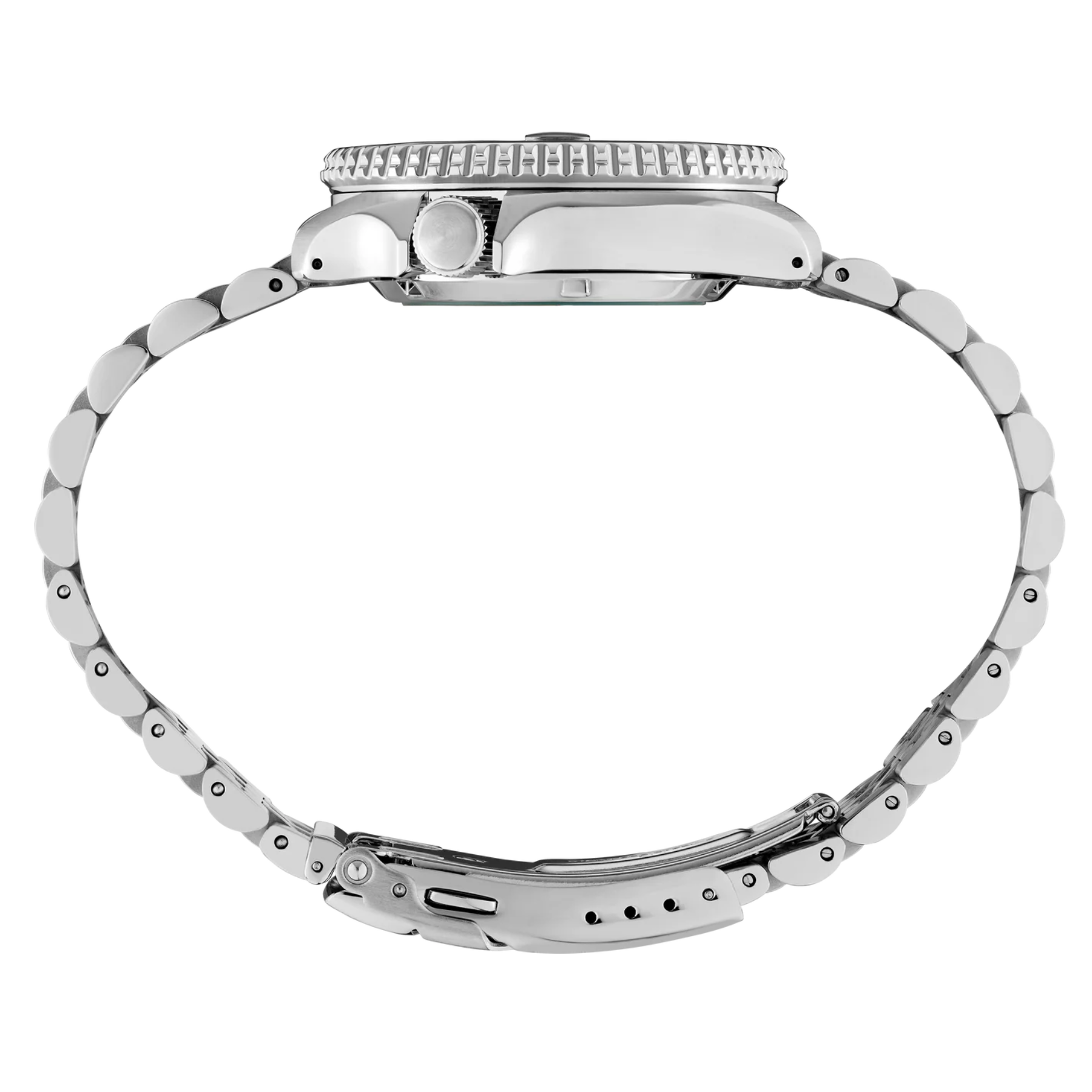 Silver stainless steel watch with a matching metal link bracelet, shown from the back against a white background.