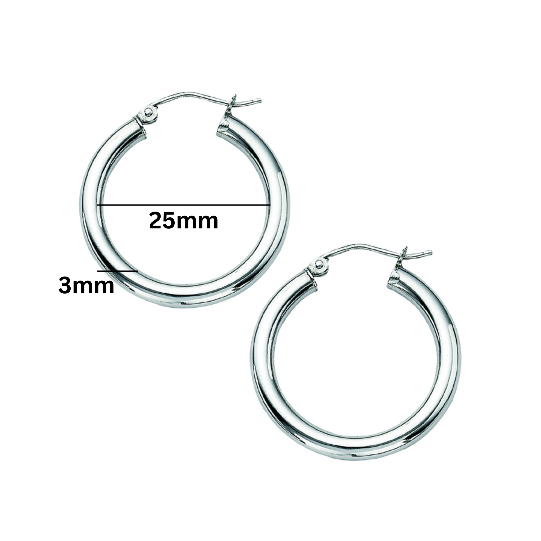 Two silver hoop earrings on a white background, with one earring labeled as 25mm diameter and 3mm post width.