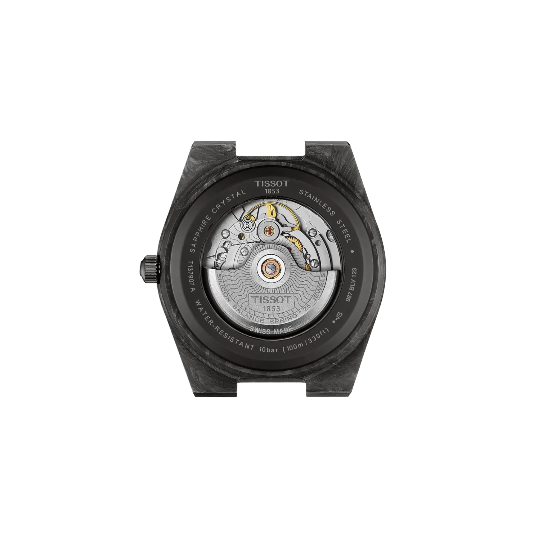 The back view of a Tissot W33 automatic watch with a black carbon fiber case, showing the detailed mechanical movement through a transparent case back on a white background.