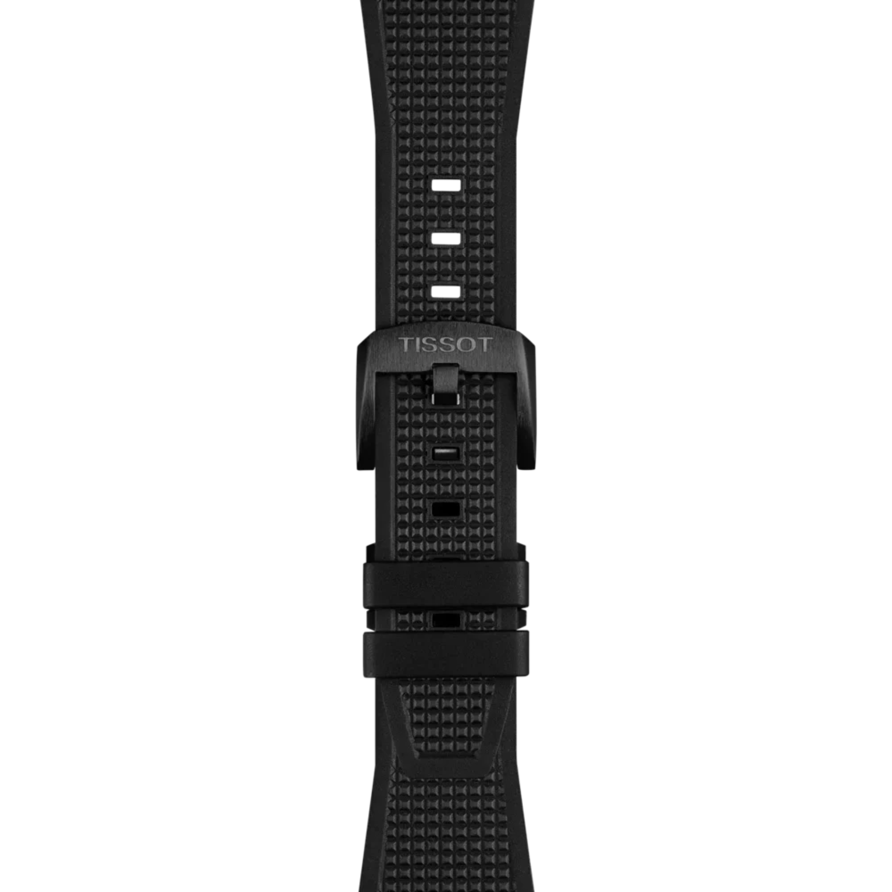 A close-up of a black Tissot watch strap with a textured pattern, featuring a matte black buckle engraved with the Tissot brand name, set against a plain white background.