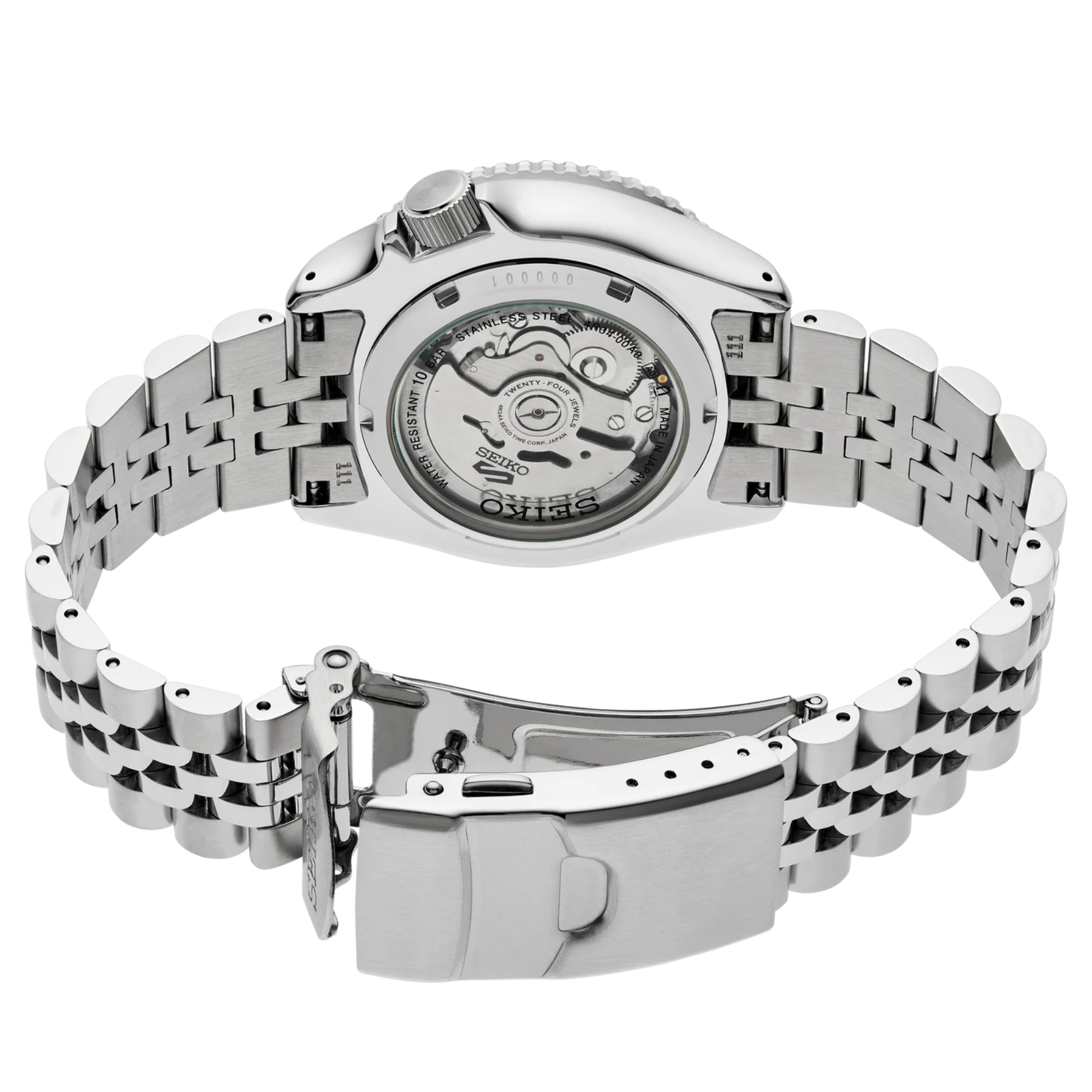 Oyster mechanical watch with a stainless steel link bracelet, shown from the back to reveal the transparent case and automatic movement, with the clasp open.