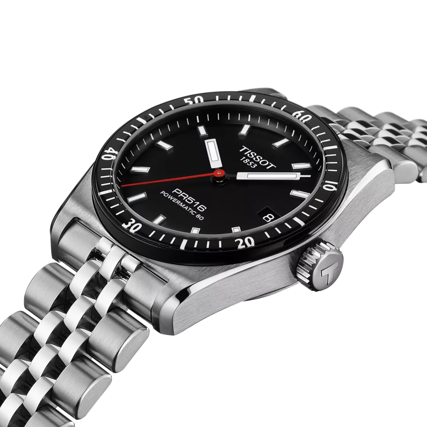 Tissot watch with black dial and silver metal bracelet on a white background