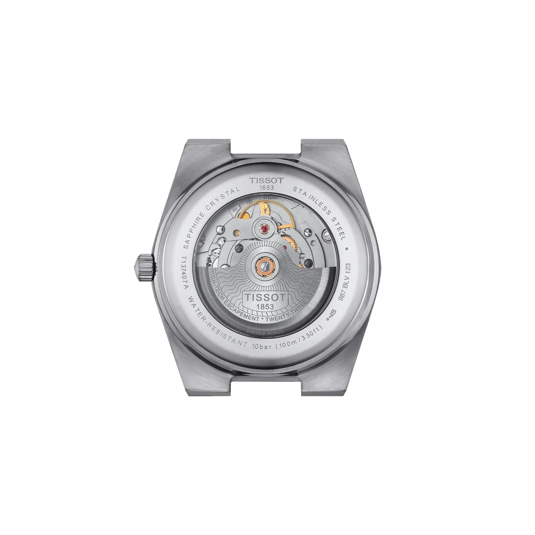 The back view of a Tissot Swiss automatic watch, showcasing the polished stainless steel case and the intricate mechanical movement through a clear crystal.