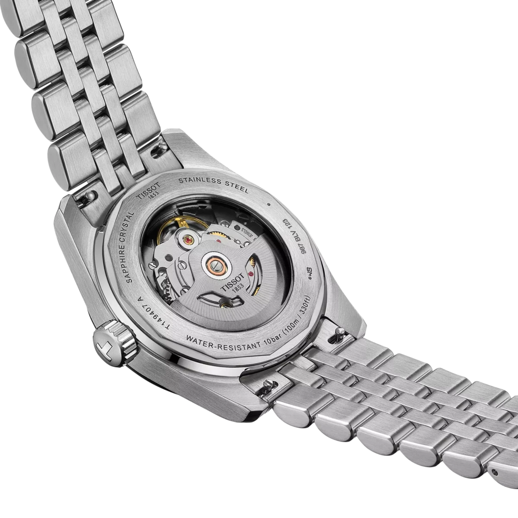 Close-up of a silver watch with a visible mechanical movement on a white background