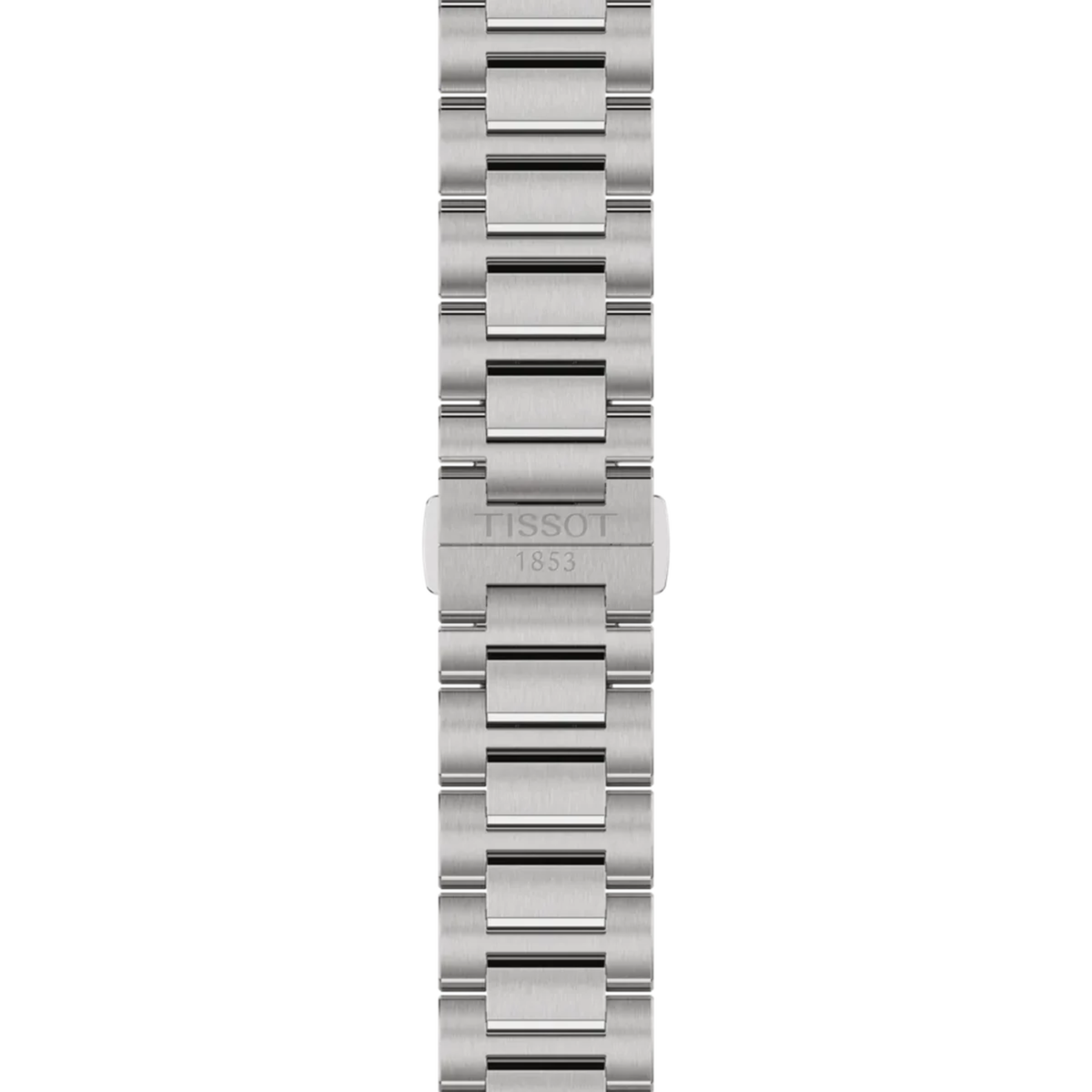 A close-up of a stainless steel watch band with a brushed metal finish and a central clasp engraved with 'TISSOT 1853'.