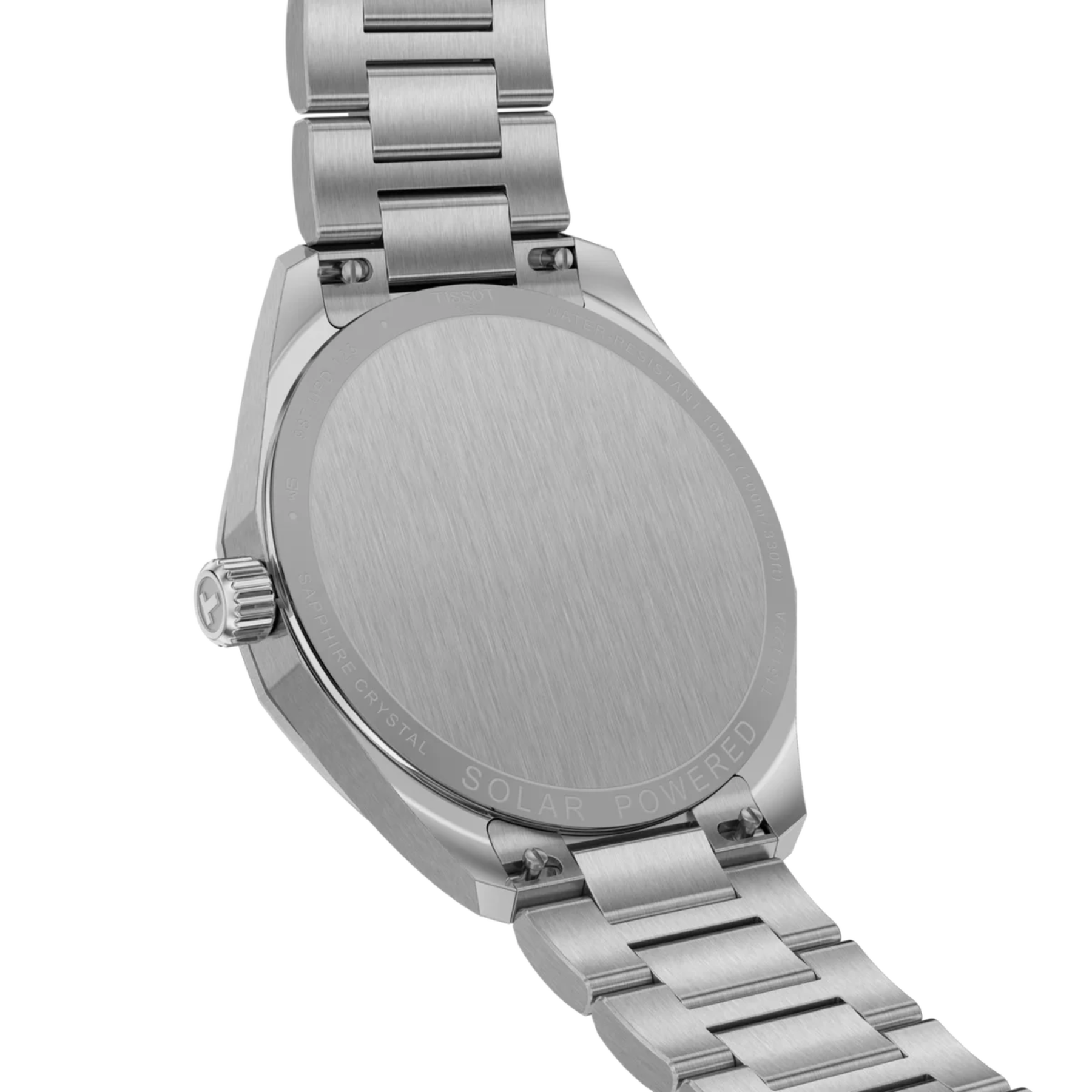 Silver watch with a metallic band on a white background