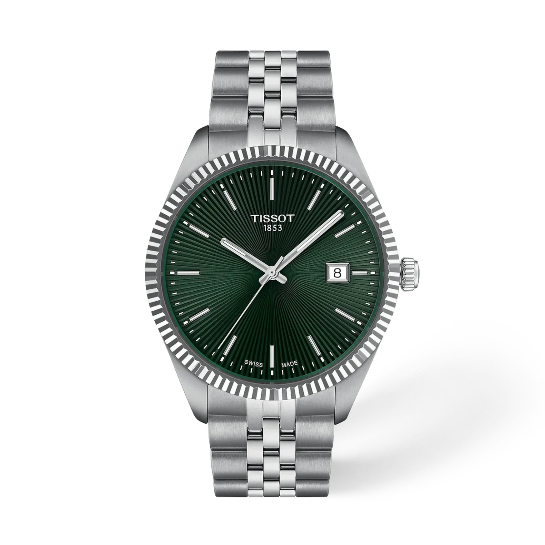 Tissot watch with green dial and silver bracelet on a white background