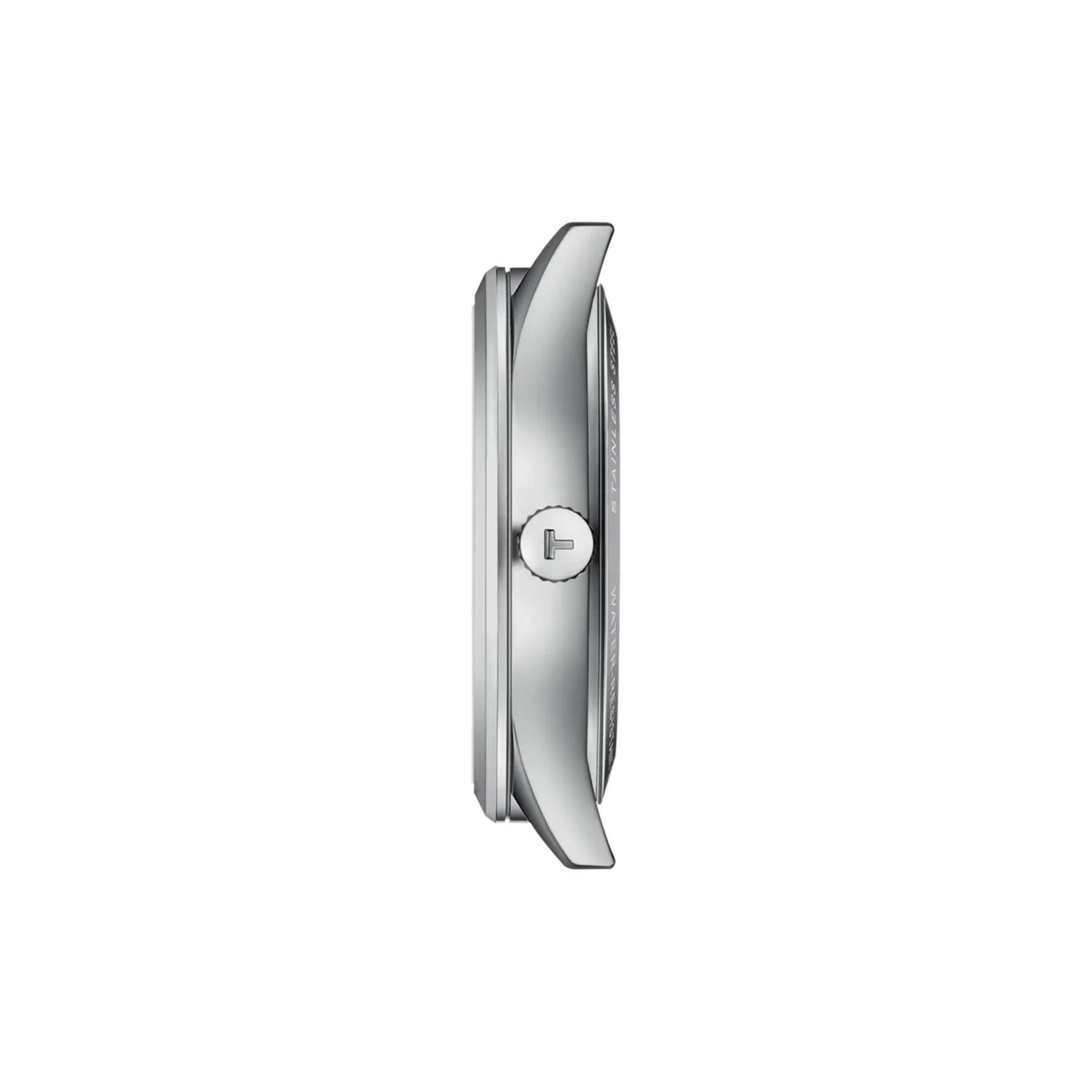 A side profile view of a silver stainless steel smartwatch with a curved bezel and crown, shown on a solid white background.