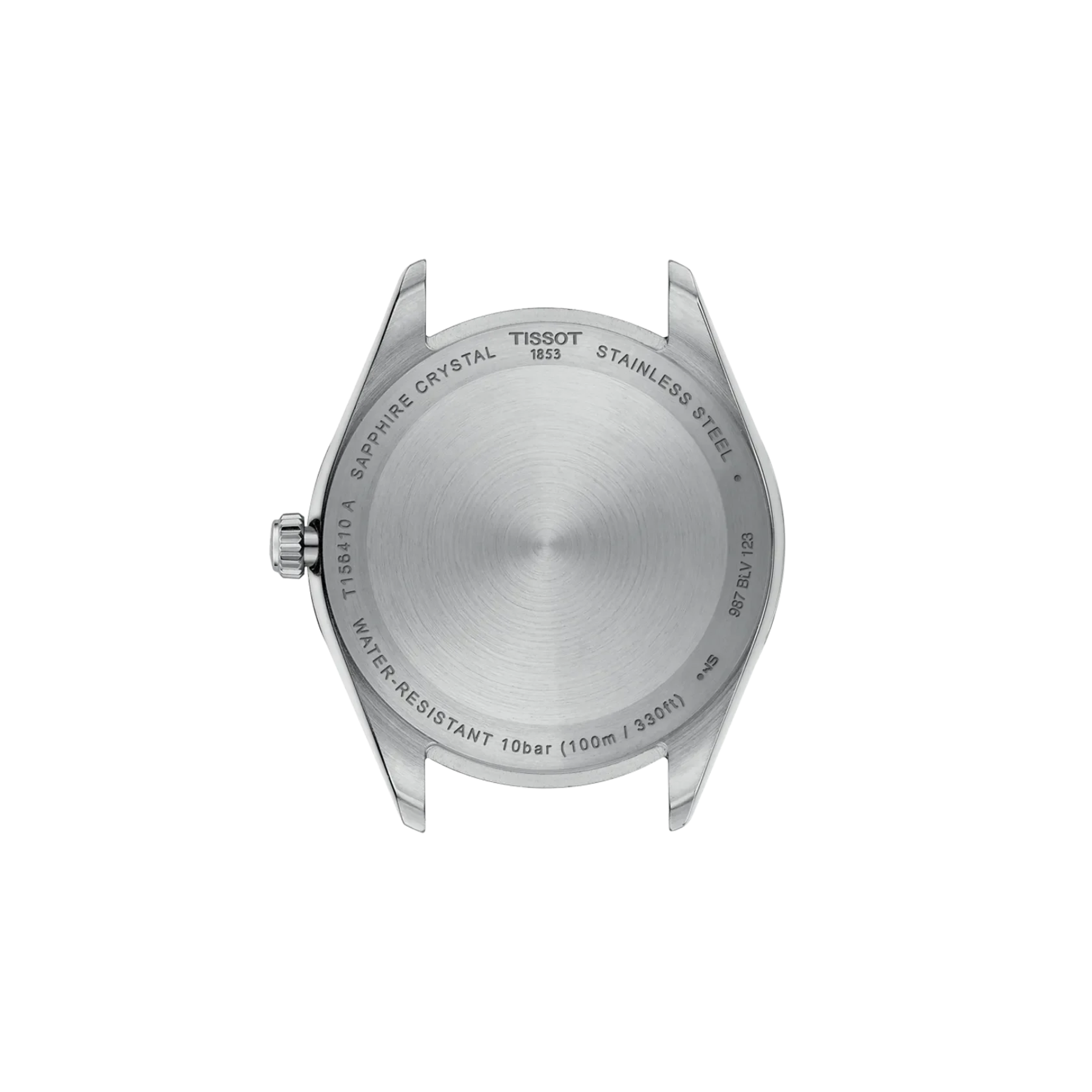 Close-up of a Tissot watch case on a white background