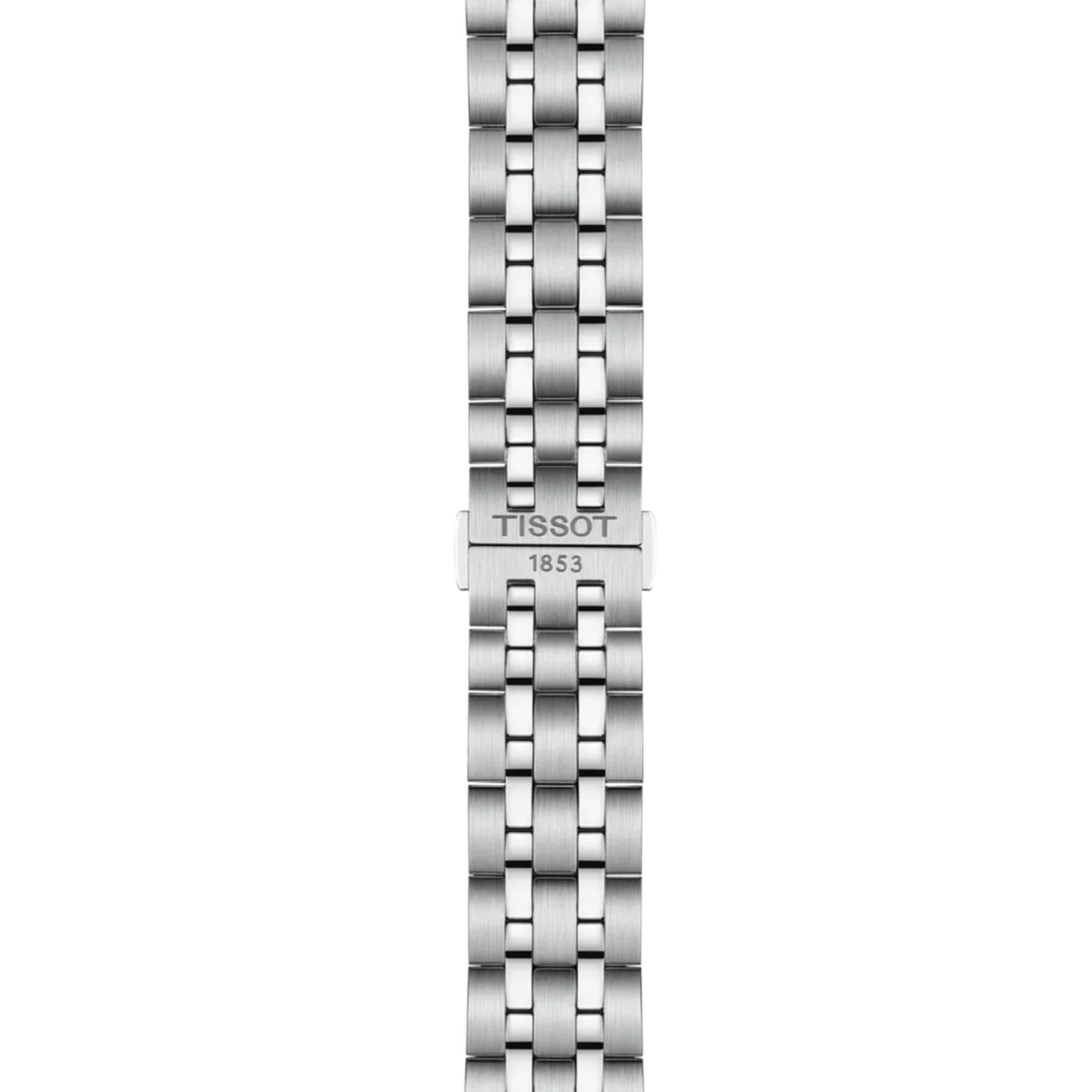 A close-up of a stainless steel watch band with interlocking rectangular links, featuring a central clasp engraved with the Tissot brand and '1853' on a plain white background.