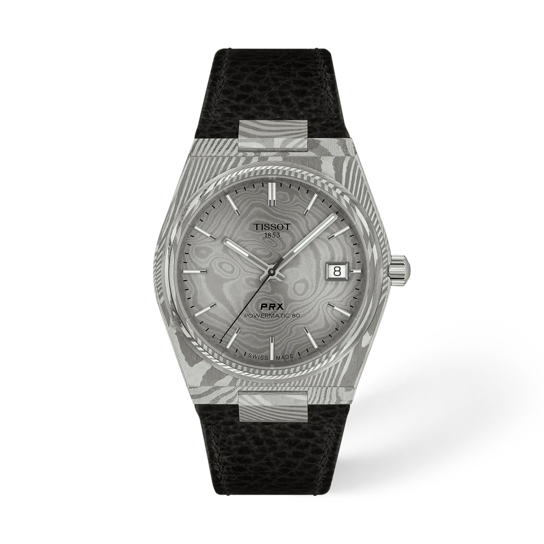 A Tissot Cantinade GMT watch featuring a distinctive gray and silver patterned dial and case, paired with a textured black leather strap, shown against a plain white background.