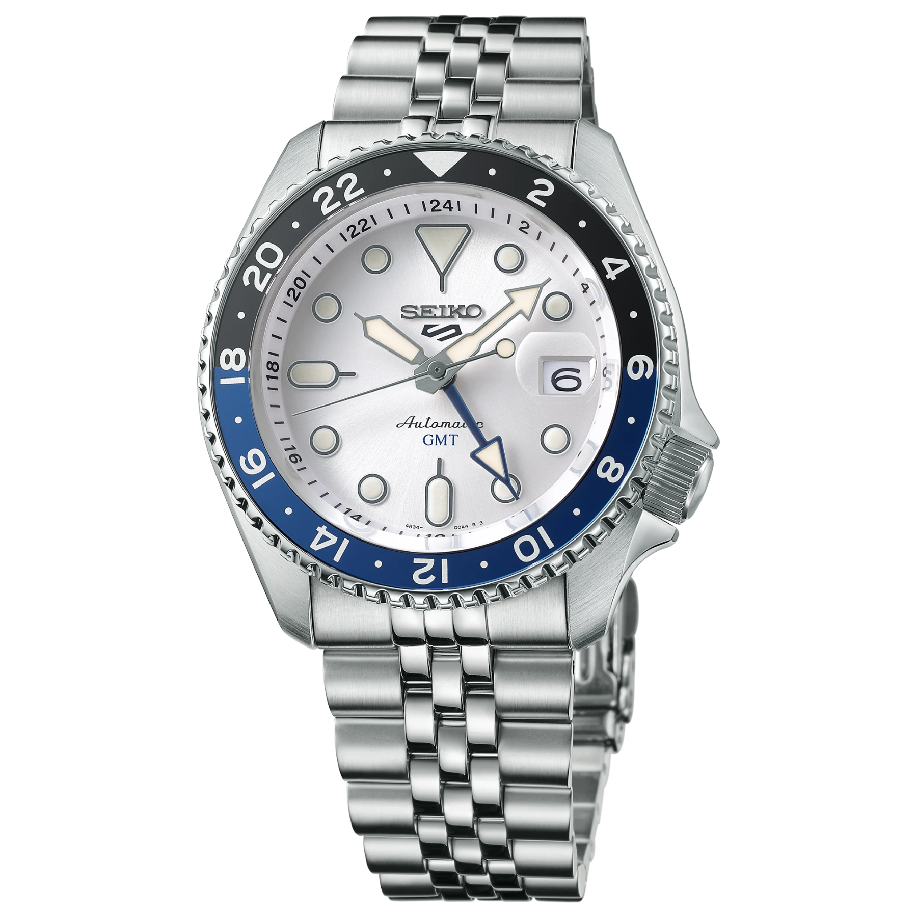 A Seiko dive watch with a silver stainless steel case and link bracelet, featuring a white dial with blue and black accents.