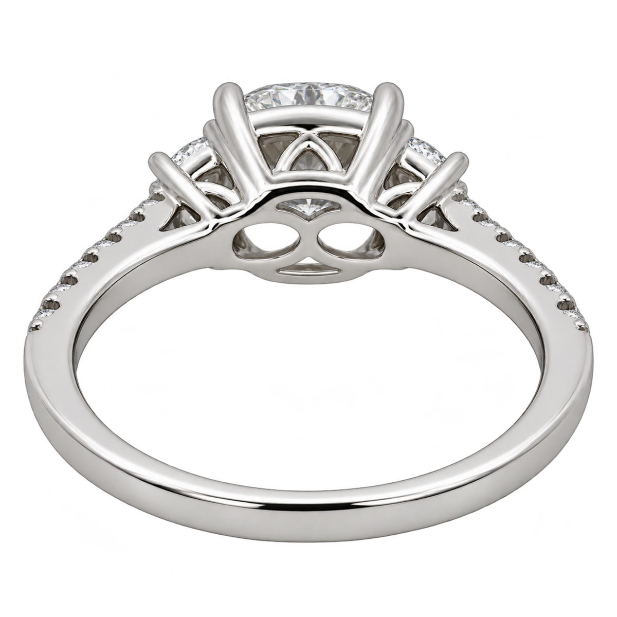 Back view of LEGR-1898 14K white gold three-stone lab-grown diamond engagement ring, showing the open gallery, prong baskets, and polished band.