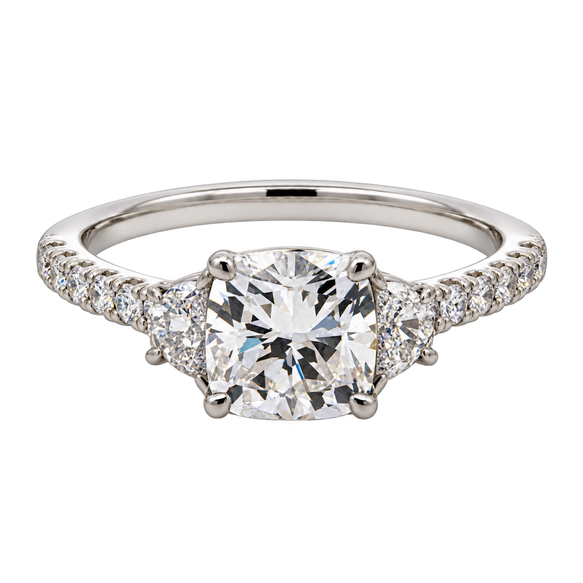 Front view of LEGR-1898 14K white gold three-stone engagement ring with a cushion-cut lab-grown center diamond and diamond-accented band.