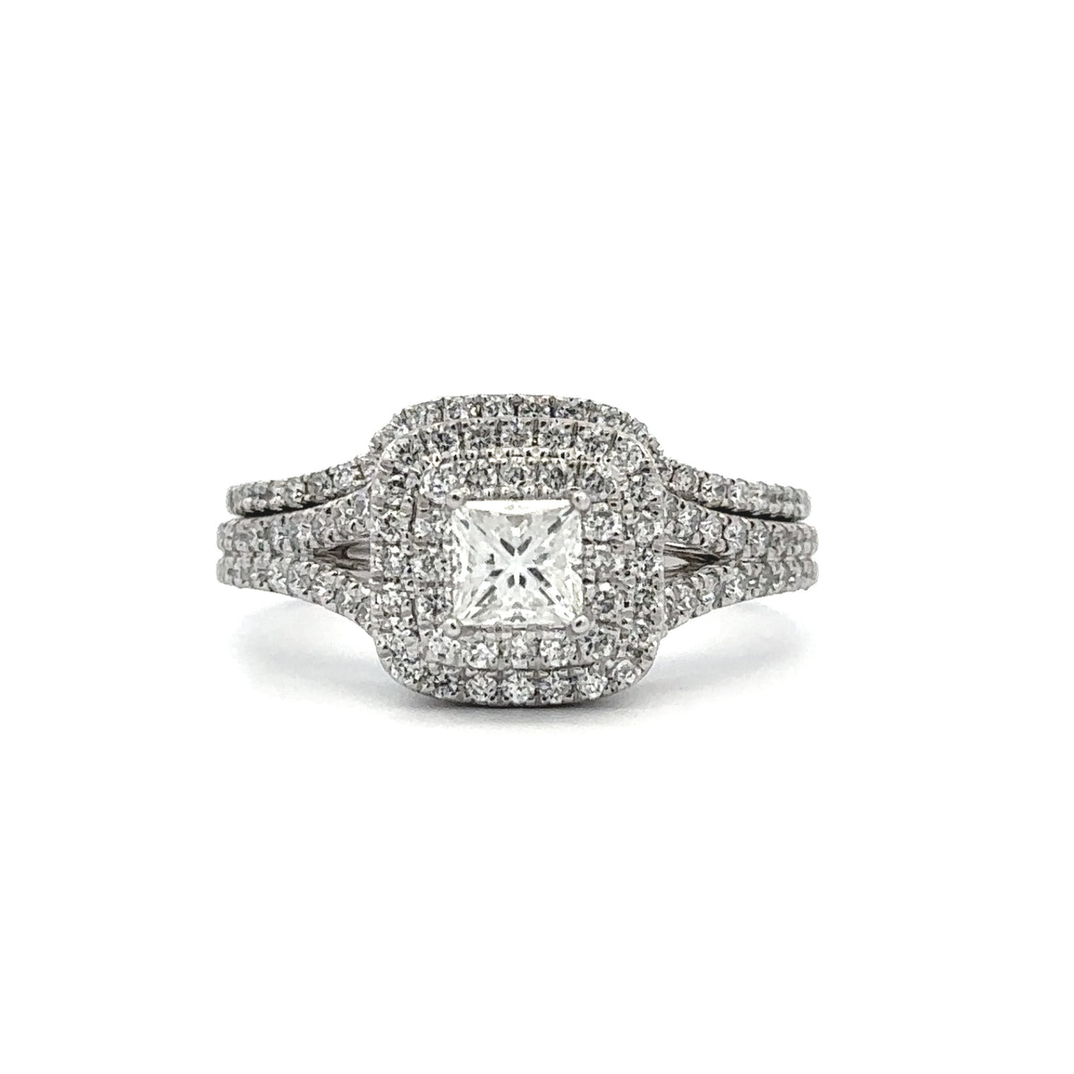 14K White Gold 1CTW. LEO Diamond Split Shank Double Halo Engagement Ring and Contoured Wedding Band Set