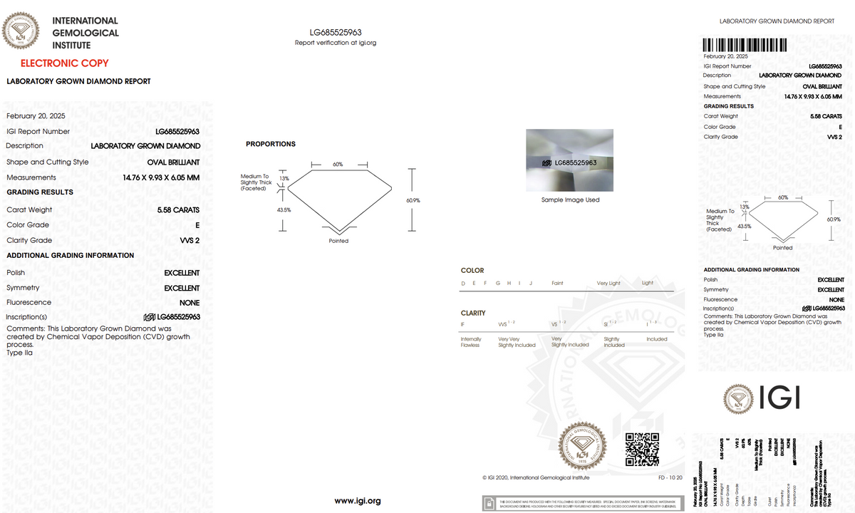 IGI report LG685525963 for a 5.58-carat oval brilliant CVD lab-grown diamond: E color, VVS2 clarity, excellent polish and symmetry, no fluorescence.