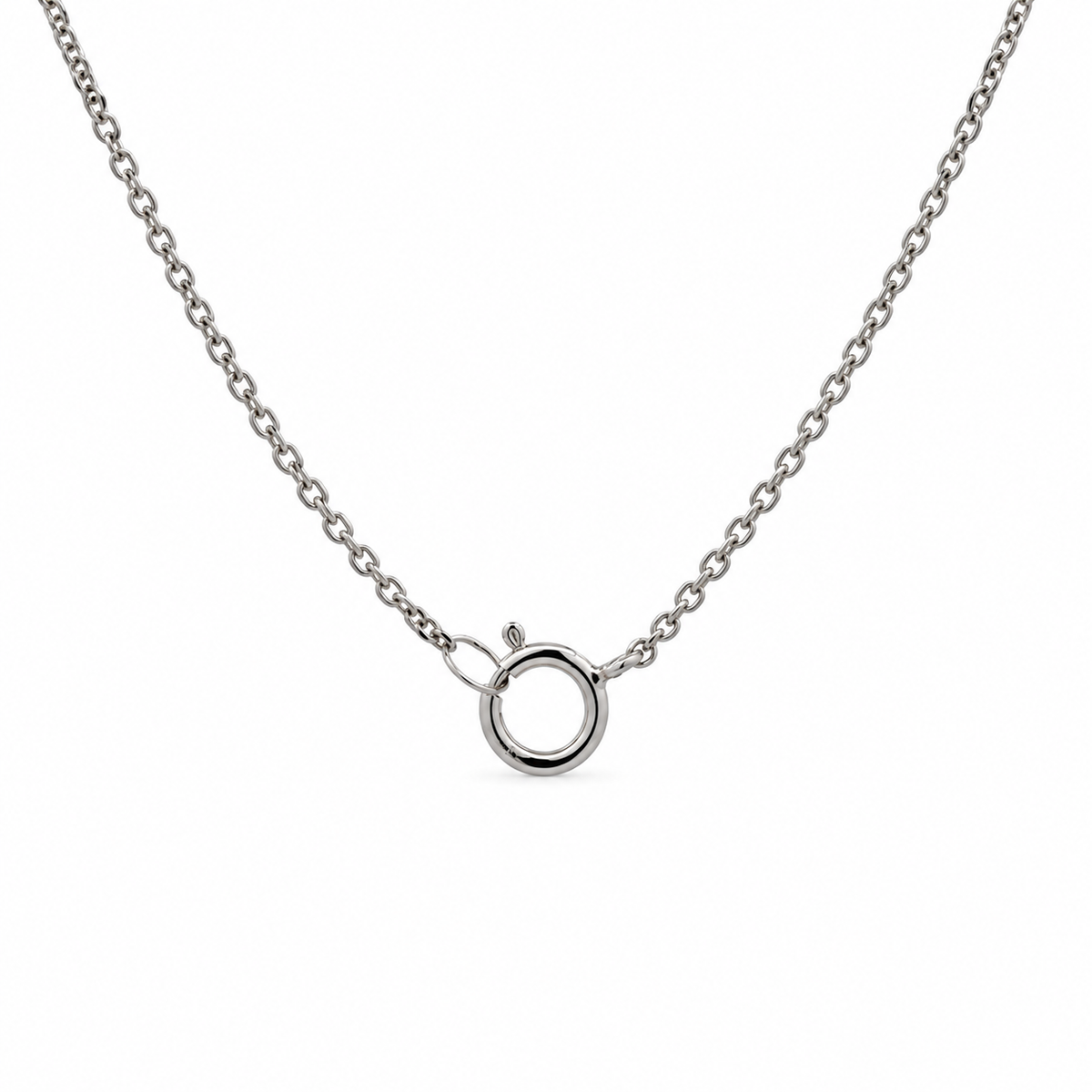 Close-up of the necklace's polished spring-ring clasp and fine cable chain.