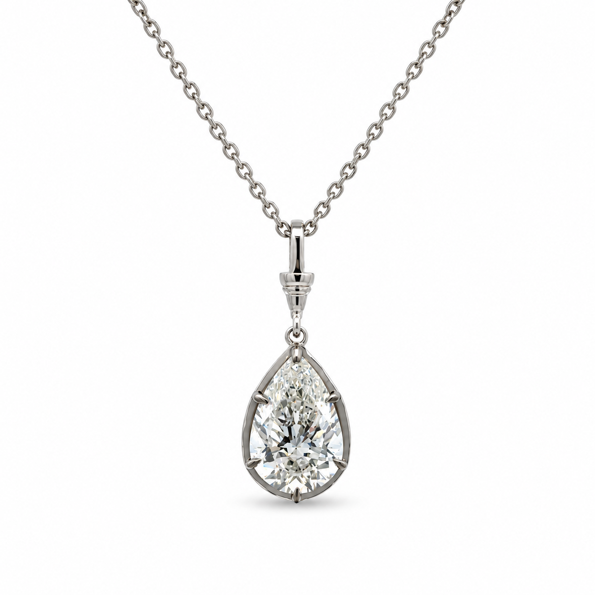 Front view of the 14K white gold pendant necklace with a 2.03CT. pear brilliant lab-grown diamond and polished bail.