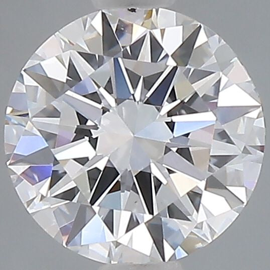 A round brilliant-cut diamond shown in a top-down view against a solid gray background.