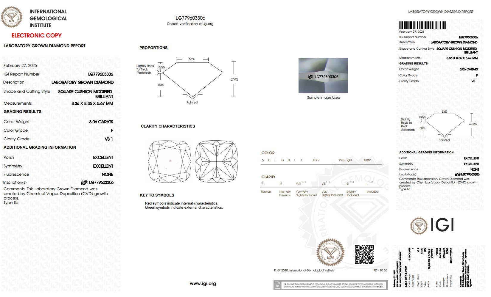 3.06CT. Certified Loose Square Cushion Modified Brilliant Lab-Grown Diamond IGI LG779603306 F/VS1