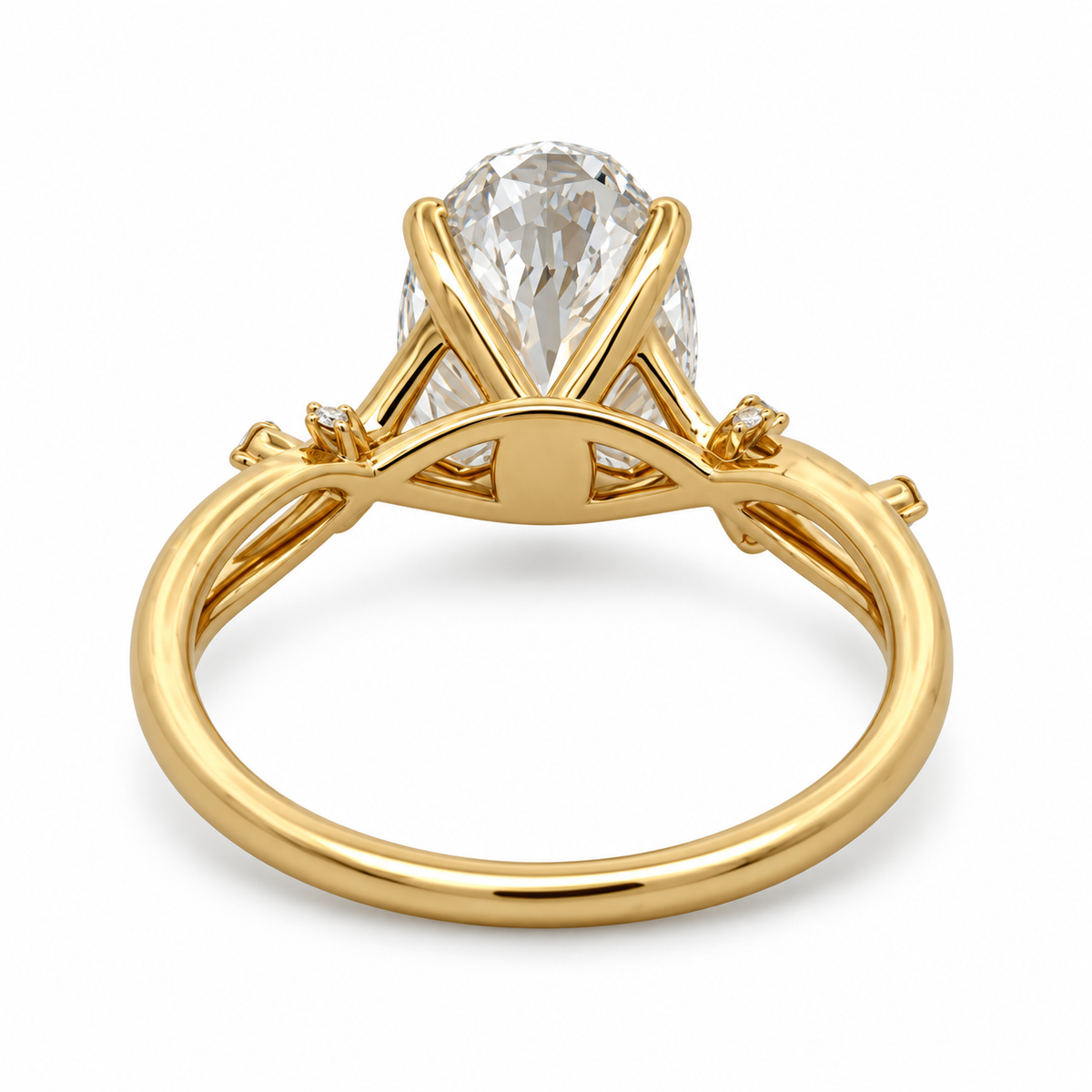 Back view of the 14K yellow gold oval diamond engagement ring showing the raised prong setting, open gallery and polished band.