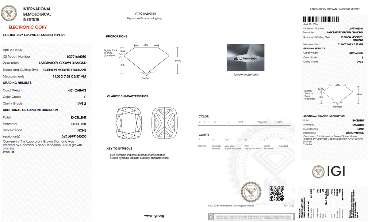 4.01CT. Certified Loose Elongated Cushion Lab-Grown Diamond IGI LG791646030 E/VVS2