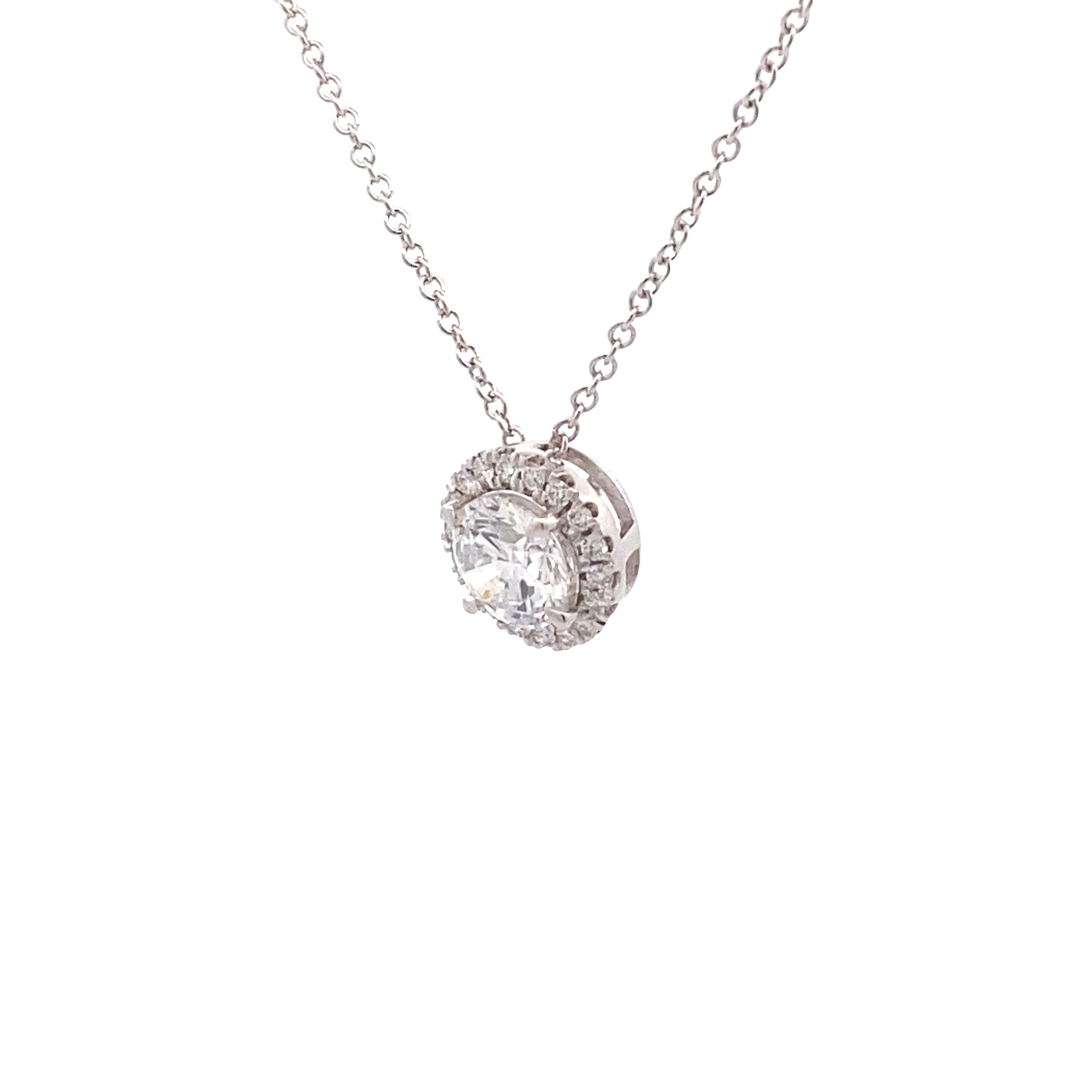 14K White Gold 1CT. Lab-Grown Diamond Round Halo Pendant Necklace