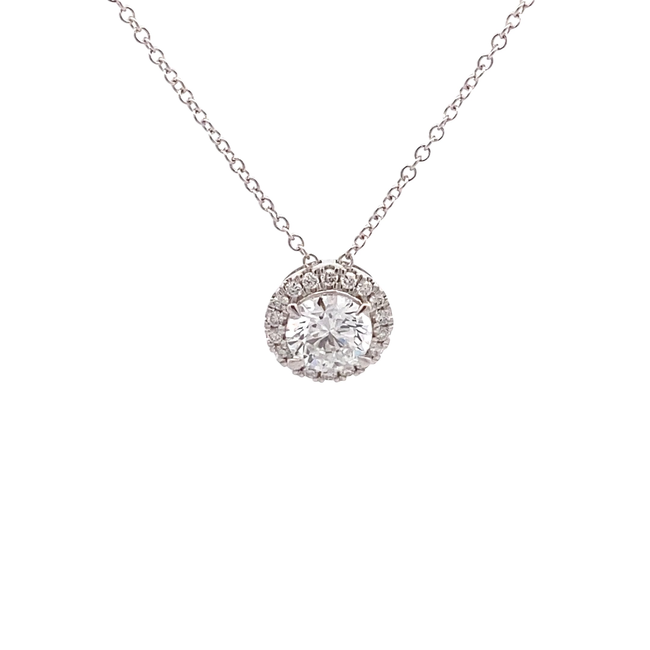 14K White Gold 1CT. Lab-Grown Diamond Round Halo Pendant Necklace
