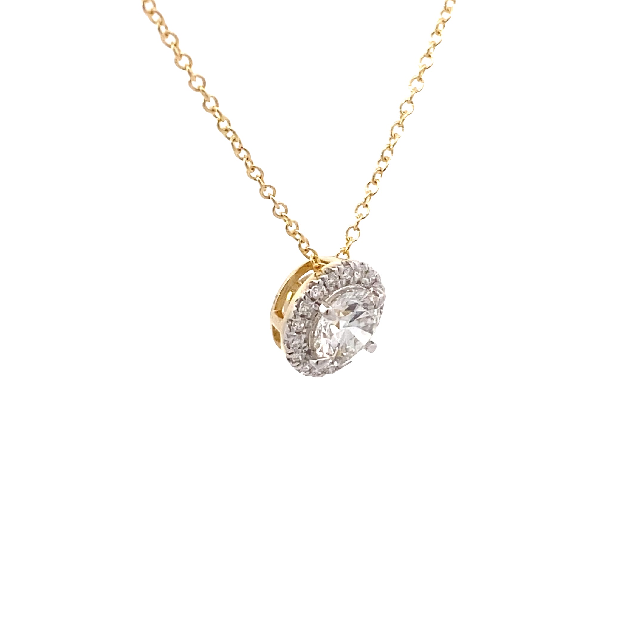 14K Yellow Gold 1CT. Lab-Grown Diamond Round Halo Pendant Necklace