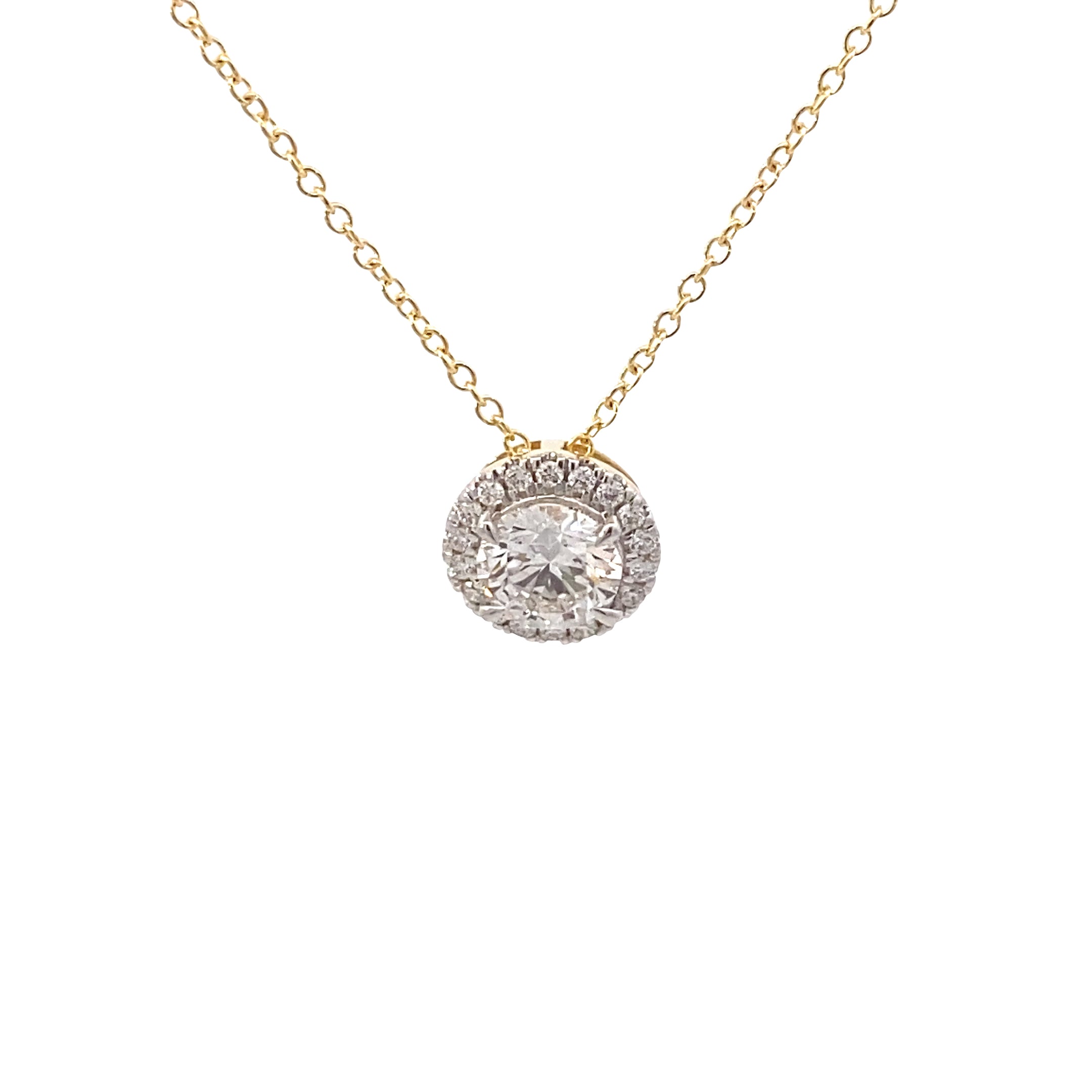 14K Yellow Gold 1CT. Lab-Grown Diamond Round Halo Pendant Necklace