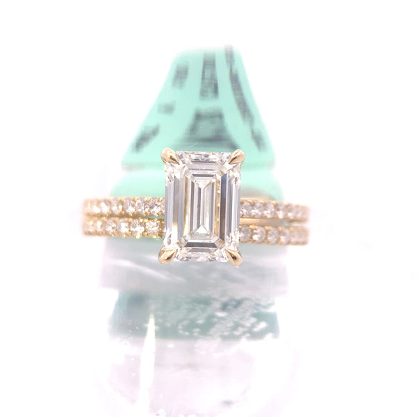 CERTIFIED 14K Yellow Gold 2-1/2CT. Lab-Grown Emerald-Cut Diamond Hidden-Halo Wedding Set