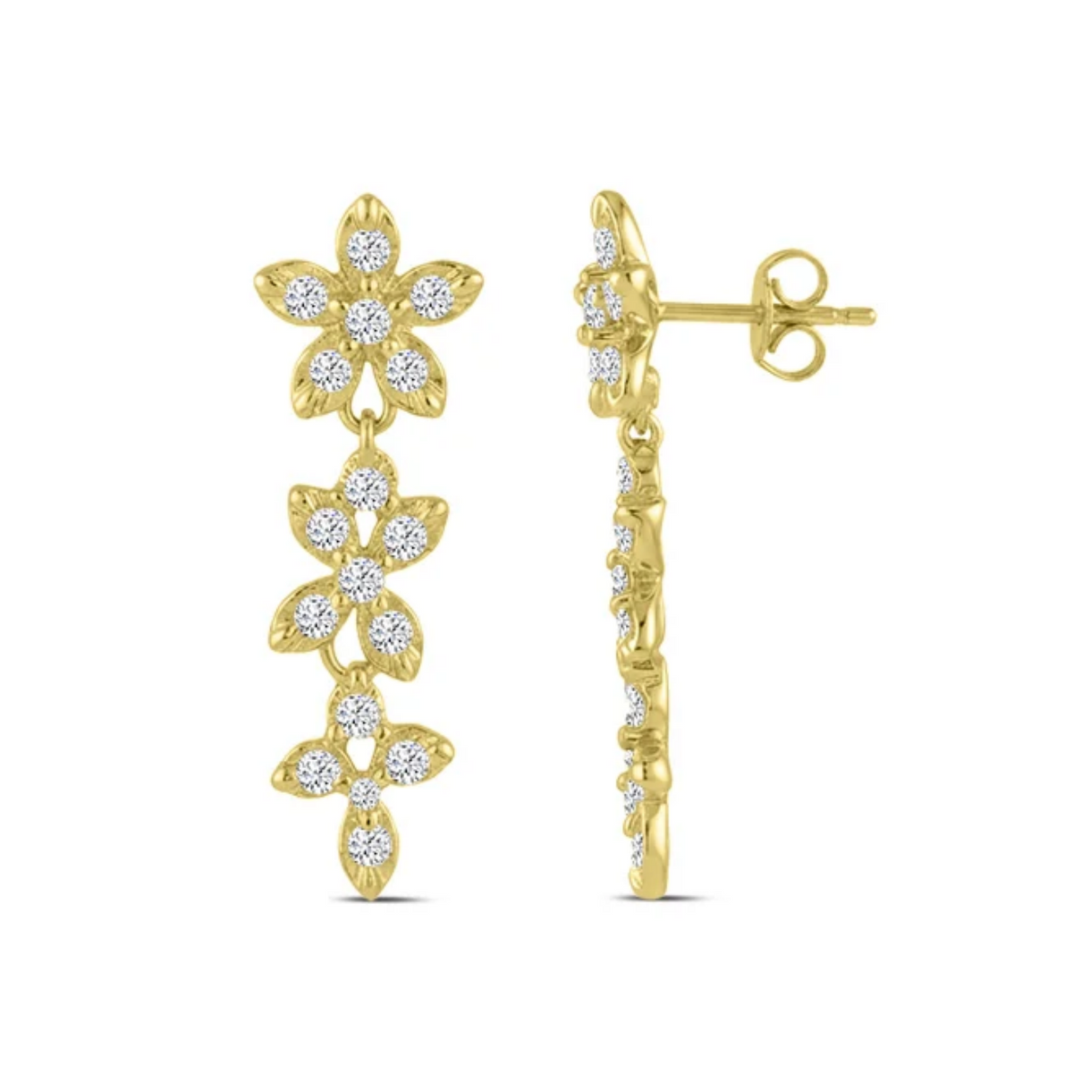 10K Yellow Gold Flower 0.5CTW. Lab-Grown Diamond Dangle Stud Earrings