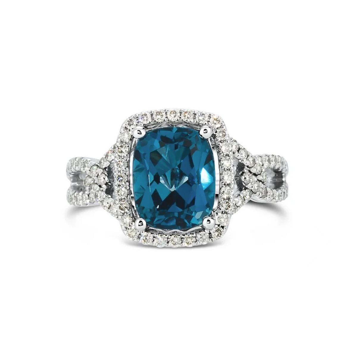 Estate Collection: Le Vian 14K Vanilla Gold Elongated Cushion Blue Topaz with Diamond Halo Split Shank Ring