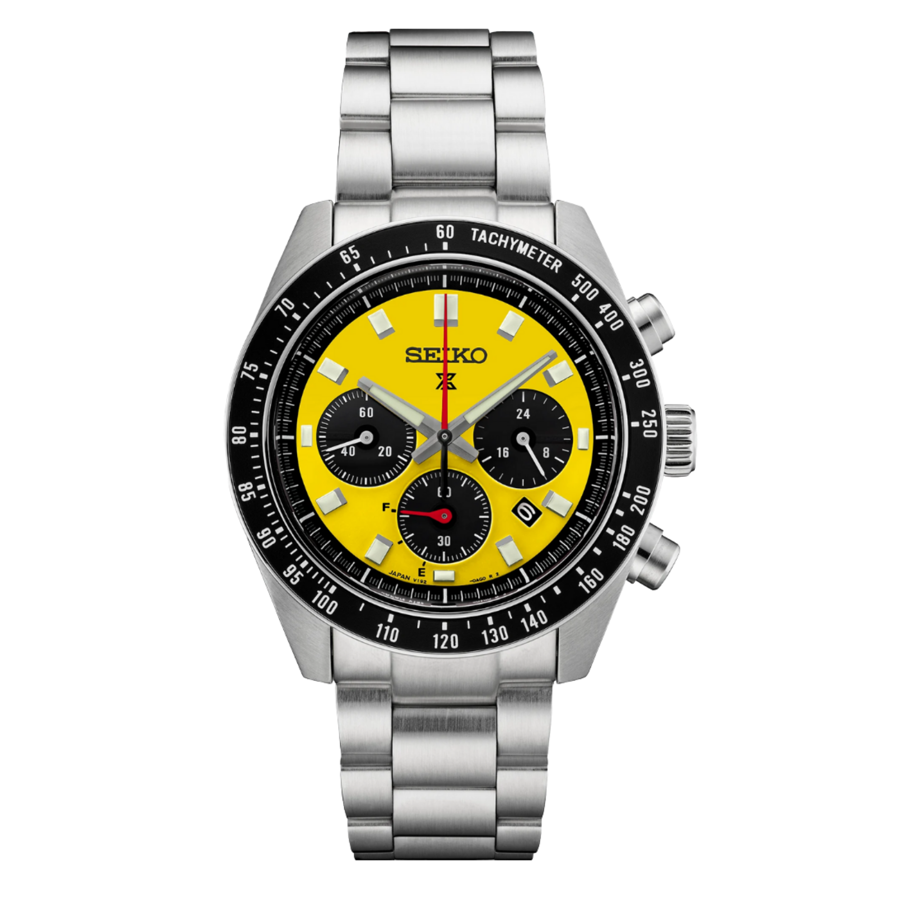 A Seiko chronograph watch with a stainless steel link bracelet, featuring a bright yellow dial, black bezel, and silver-tone case and bracelet on a plain white background.
