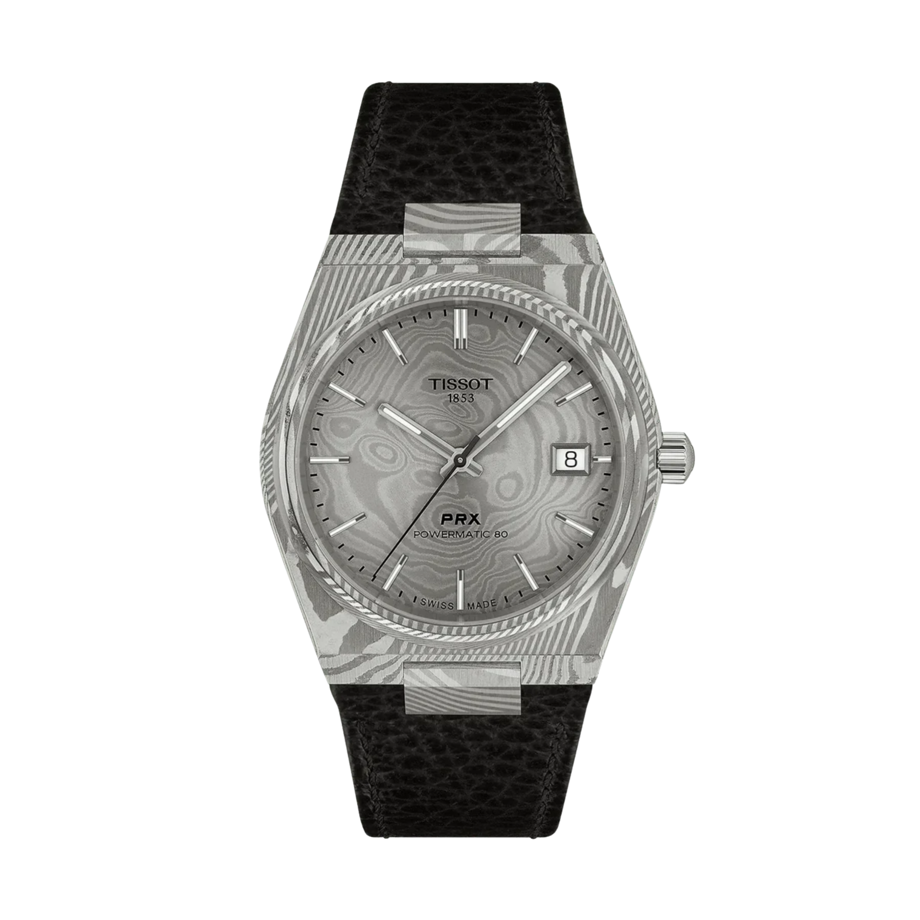 Tissot PRX Automatic Co. watch featuring a distinctive wavy gray dial and a textured gray patterned case, paired with a black textured leather strap.